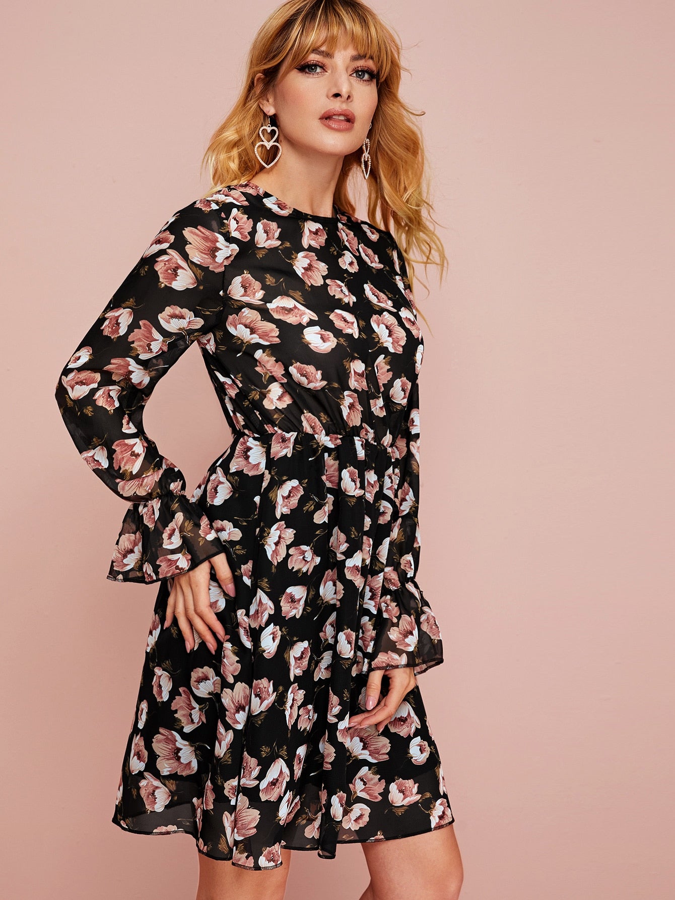 Floral Print Flounce Sleeve Dress