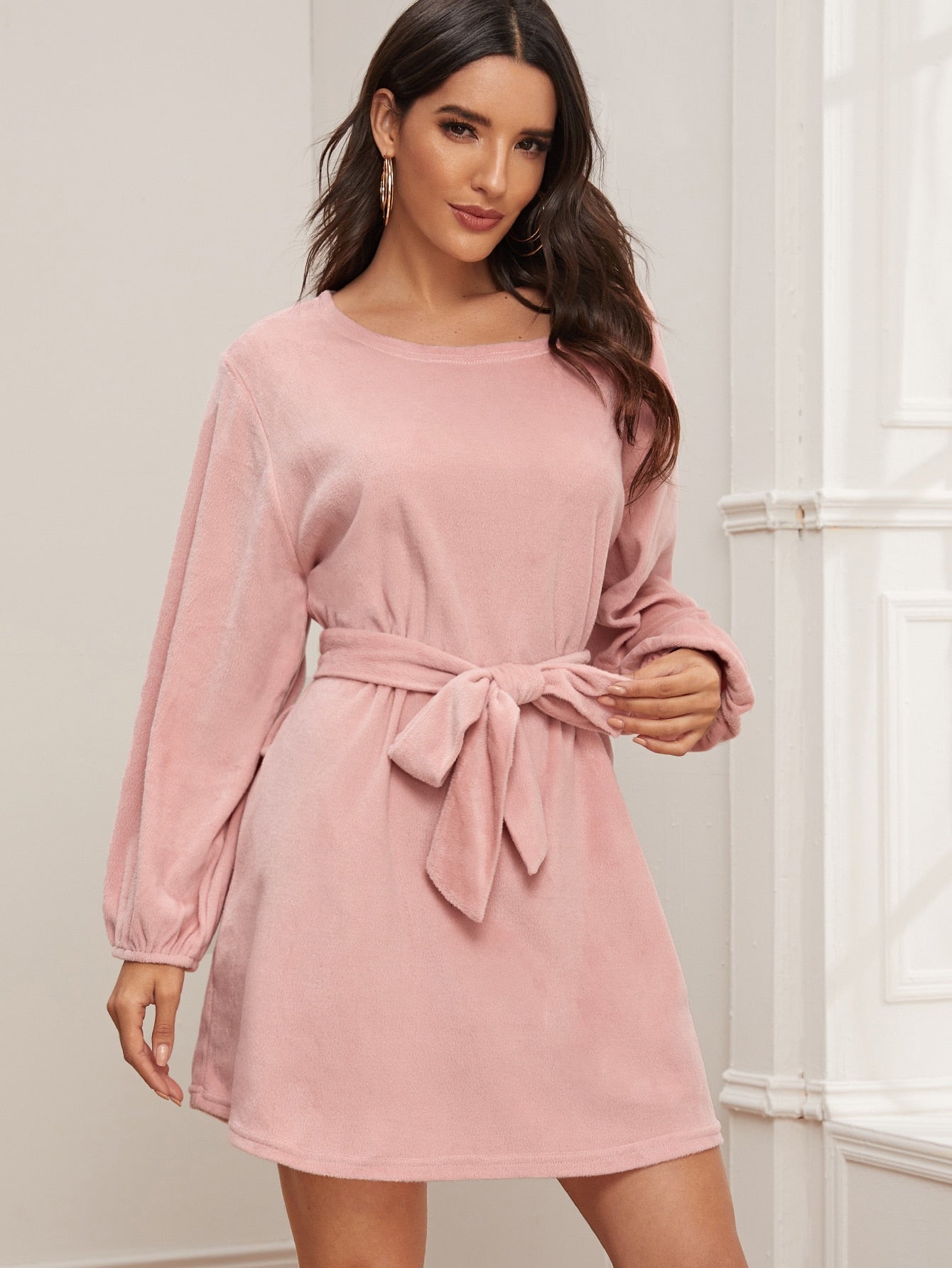 Bishop Sleeve Belted Fleece Dress