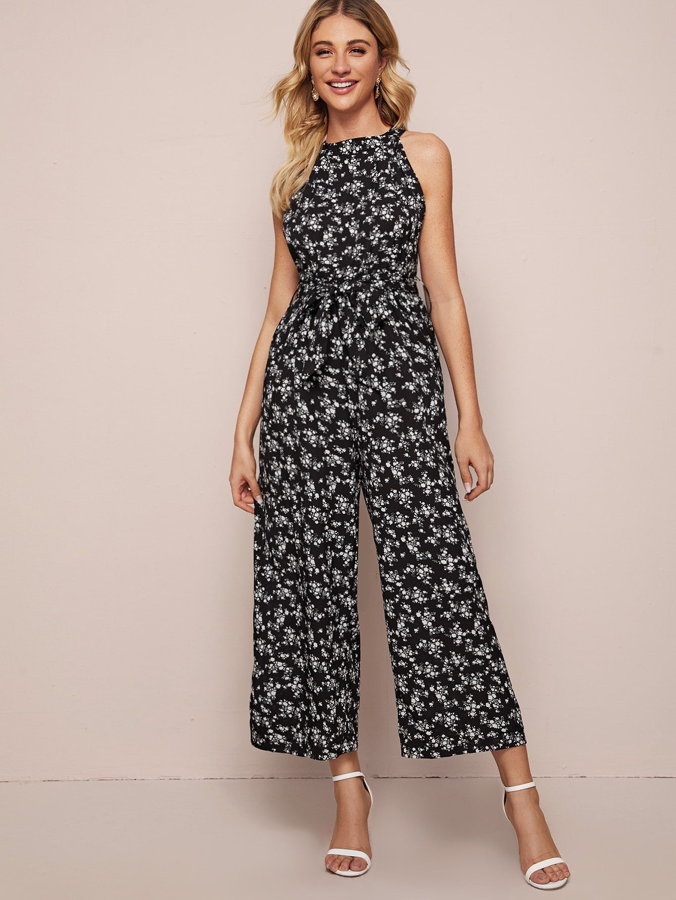 Ditsy Floral Self Tie Culotte Jumpsuit
