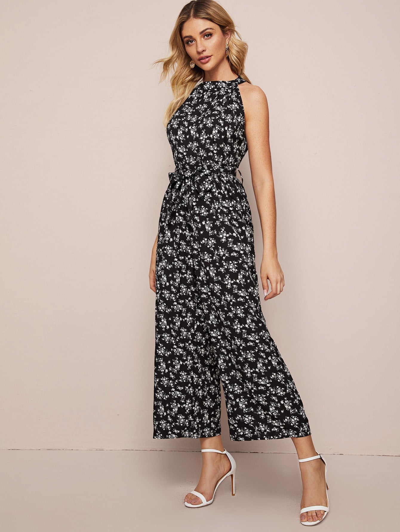 Ditsy Floral Self Tie Culotte Jumpsuit