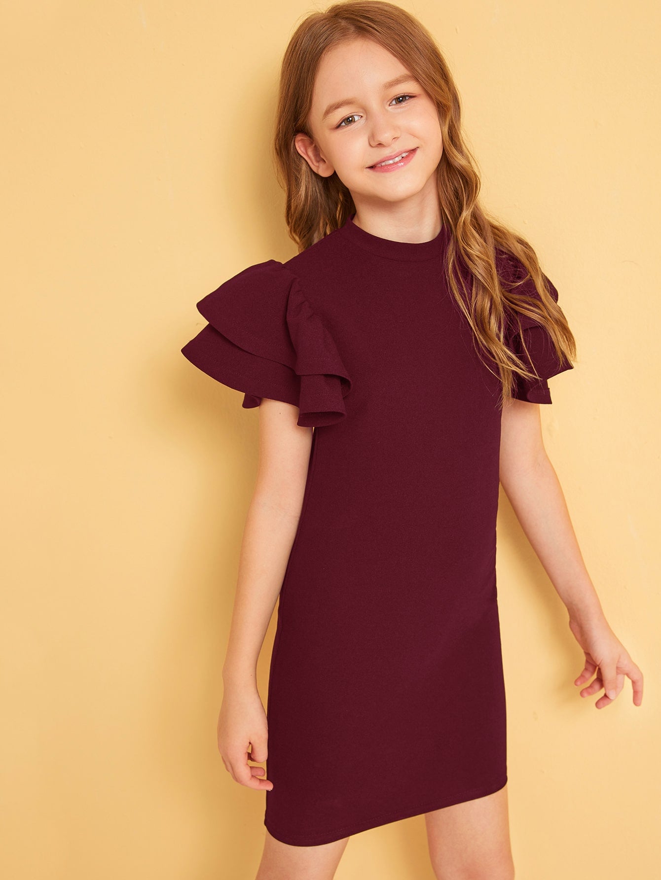 Girls Zip Back Layered Flutter Sleeve Fitted Dress
