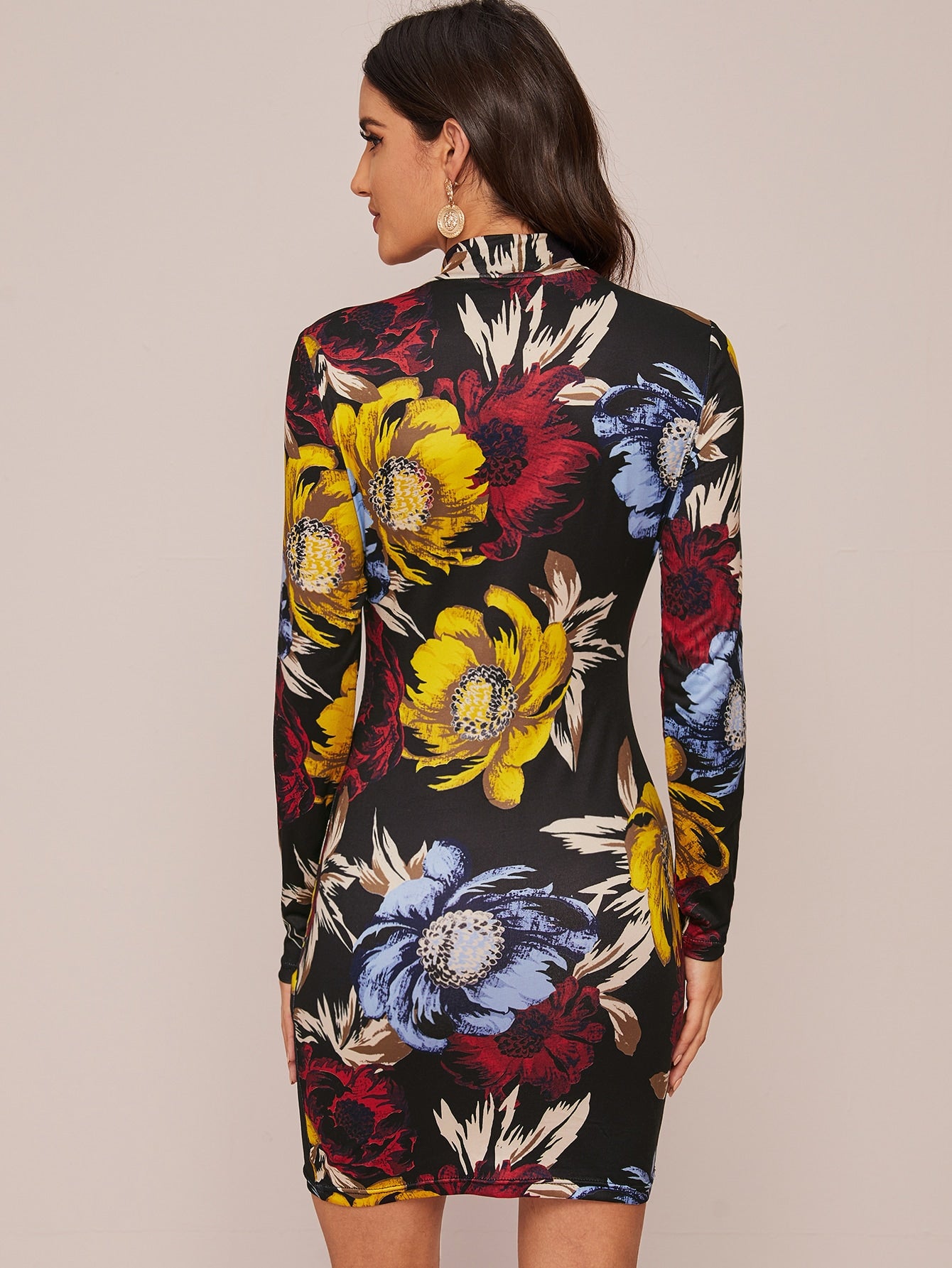 Mock-neck Floral Bodycon Dress