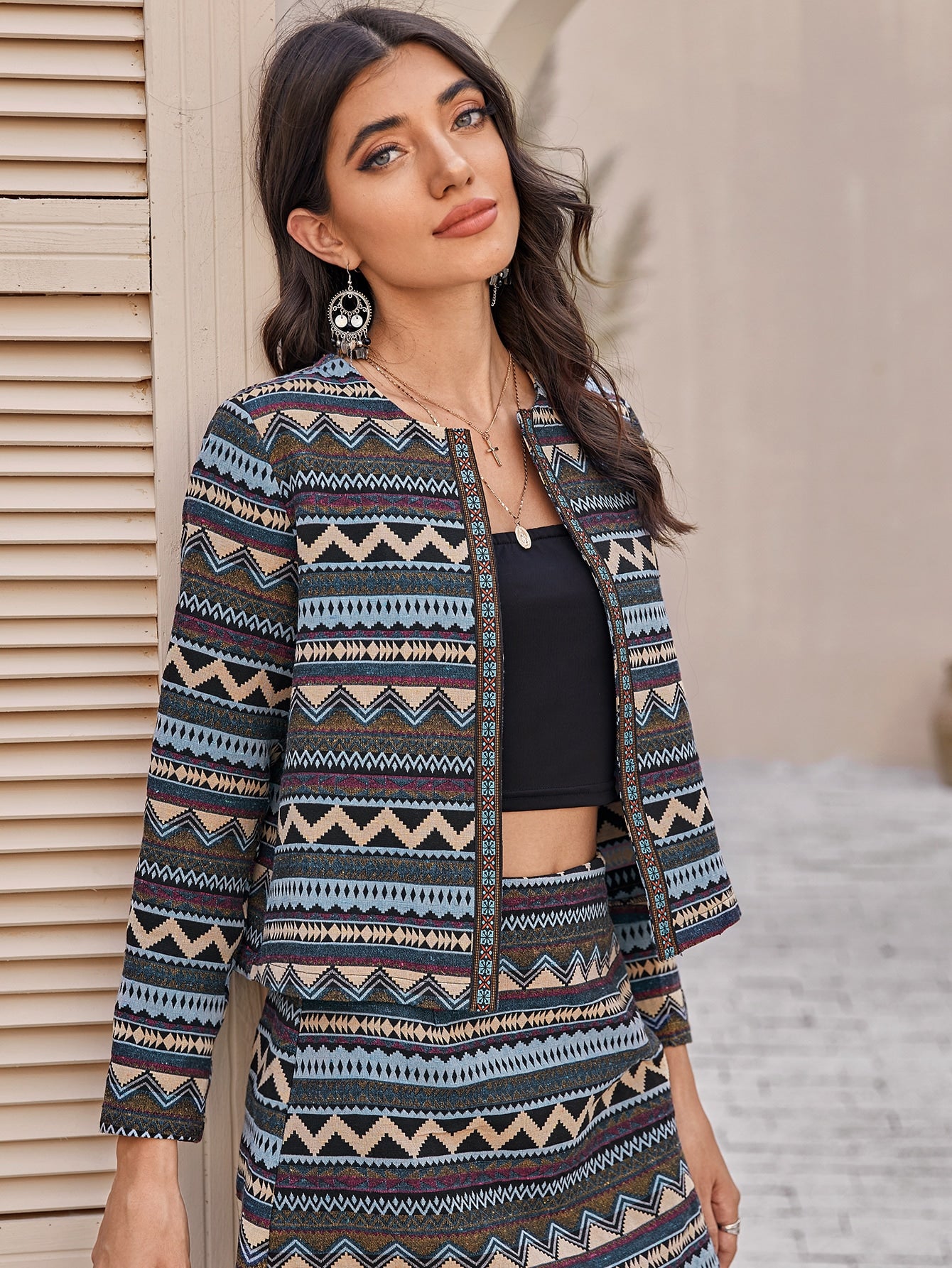 Embroidered Tape Detail Tribal Jacquard Jacket