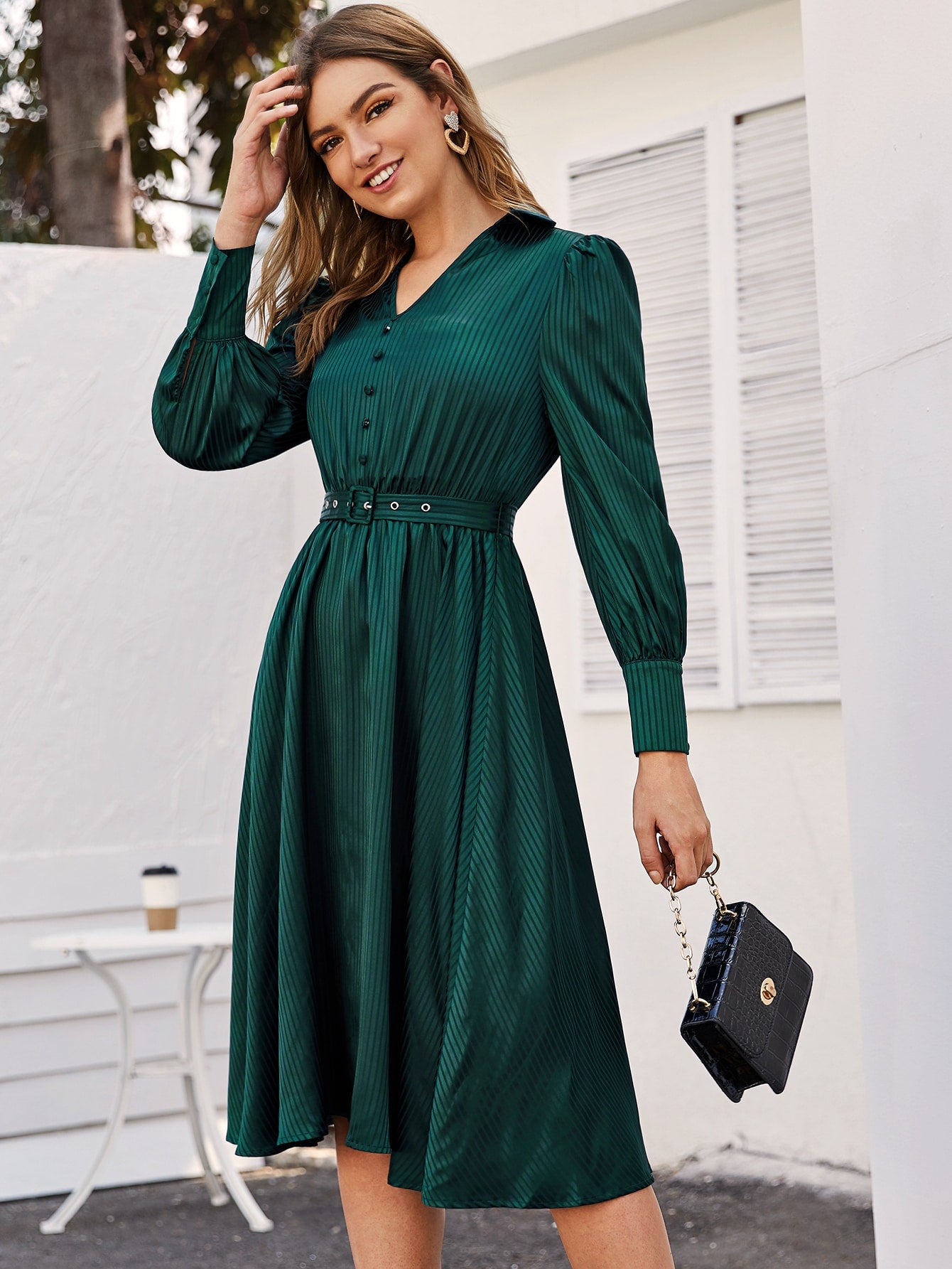 V-collar Lantern Sleeve Striped Belted Dress