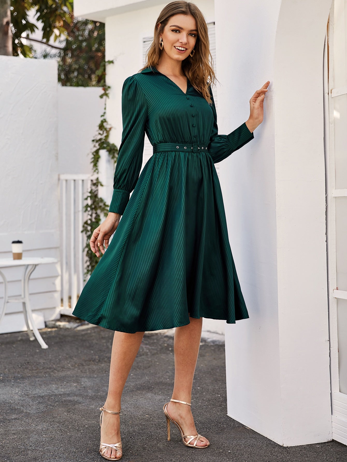 V-collar Lantern Sleeve Striped Belted Dress