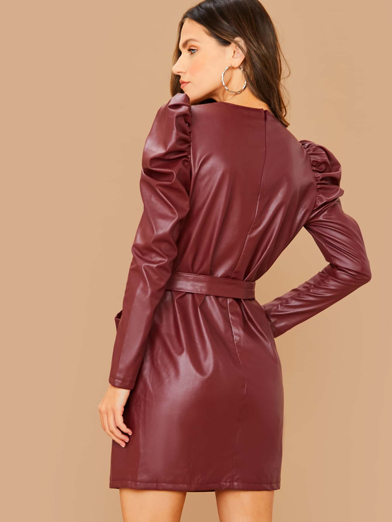 Zip Back Gigot Sleeve Belted PU Leather Dress