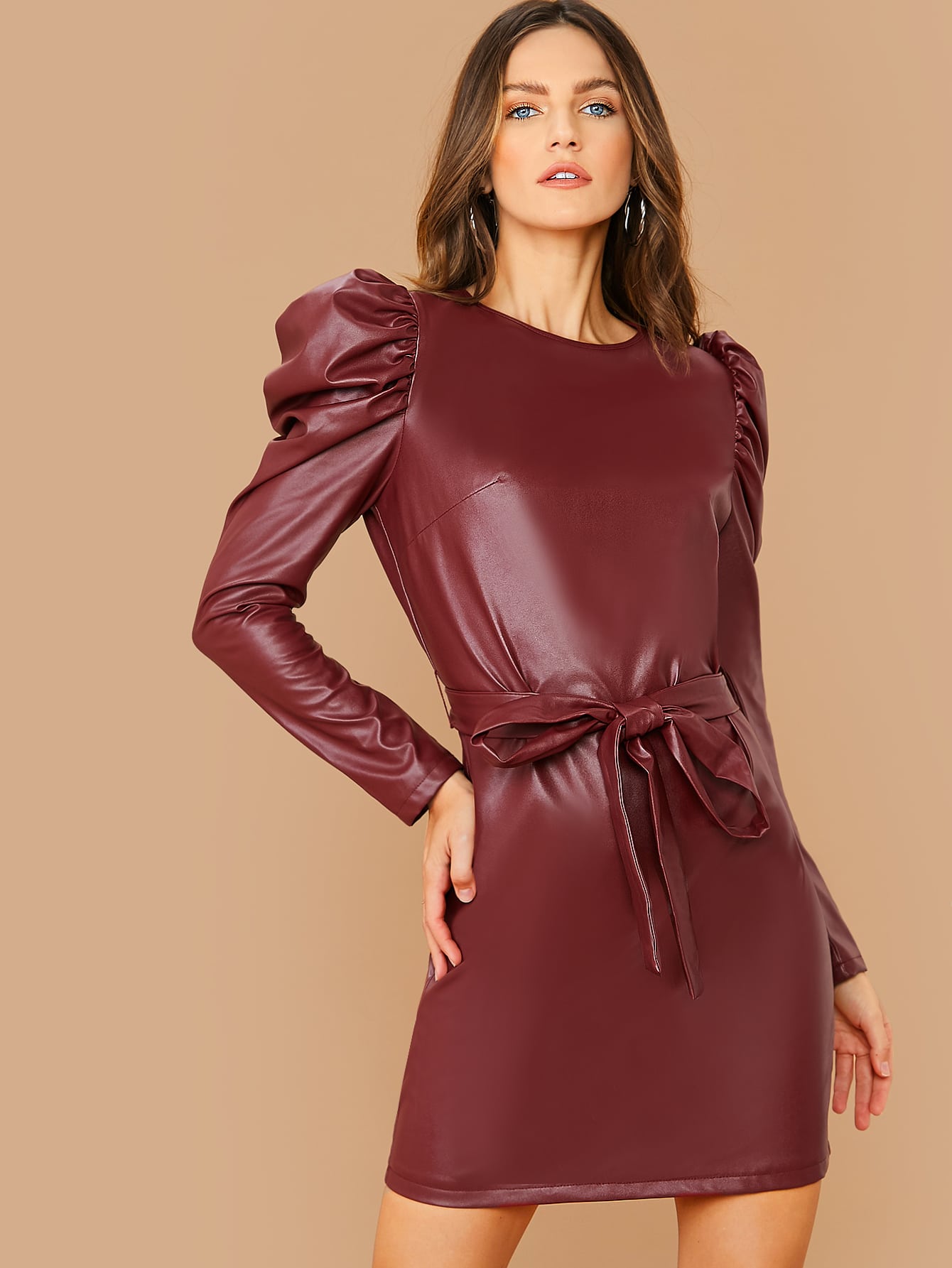 Zip Back Gigot Sleeve Belted PU Leather Dress