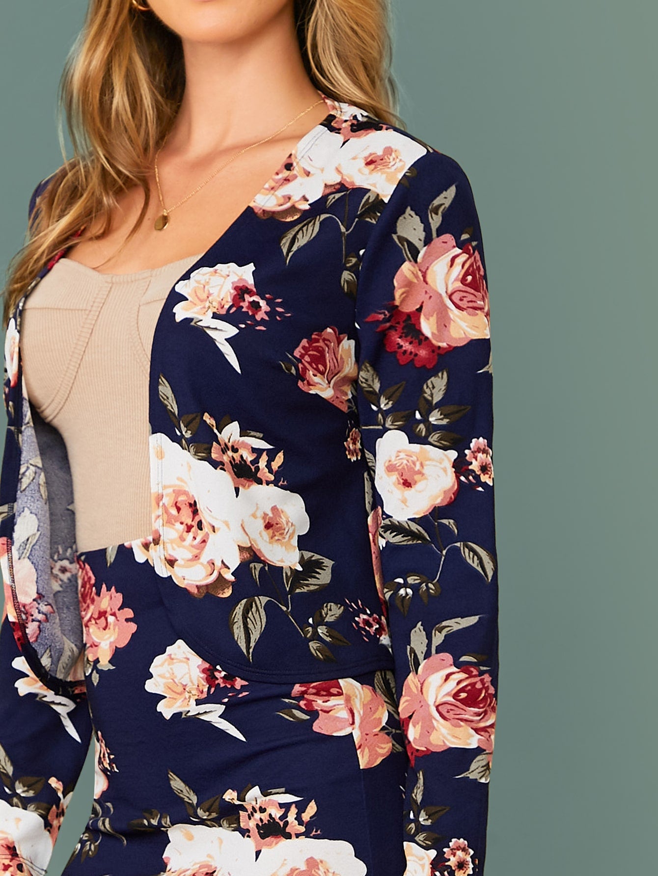 Open Front Floral Print Jacket & Bodycon Skirt Set