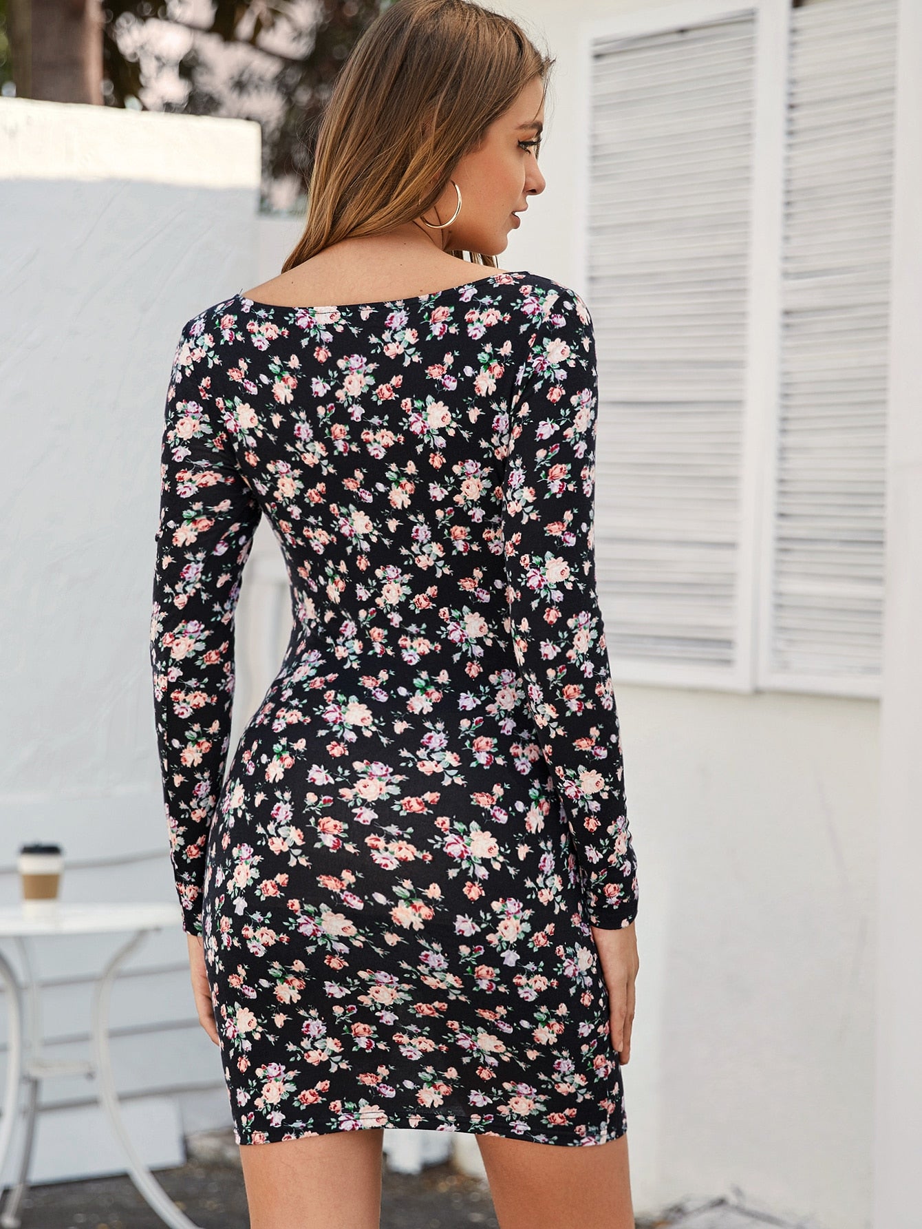 Square Neck Floral Print Bodycon Dress