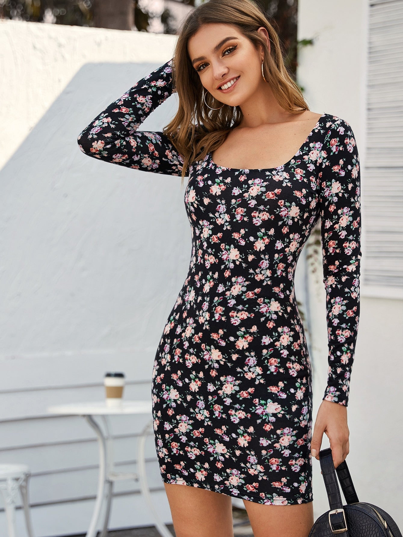 Square Neck Floral Print Bodycon Dress