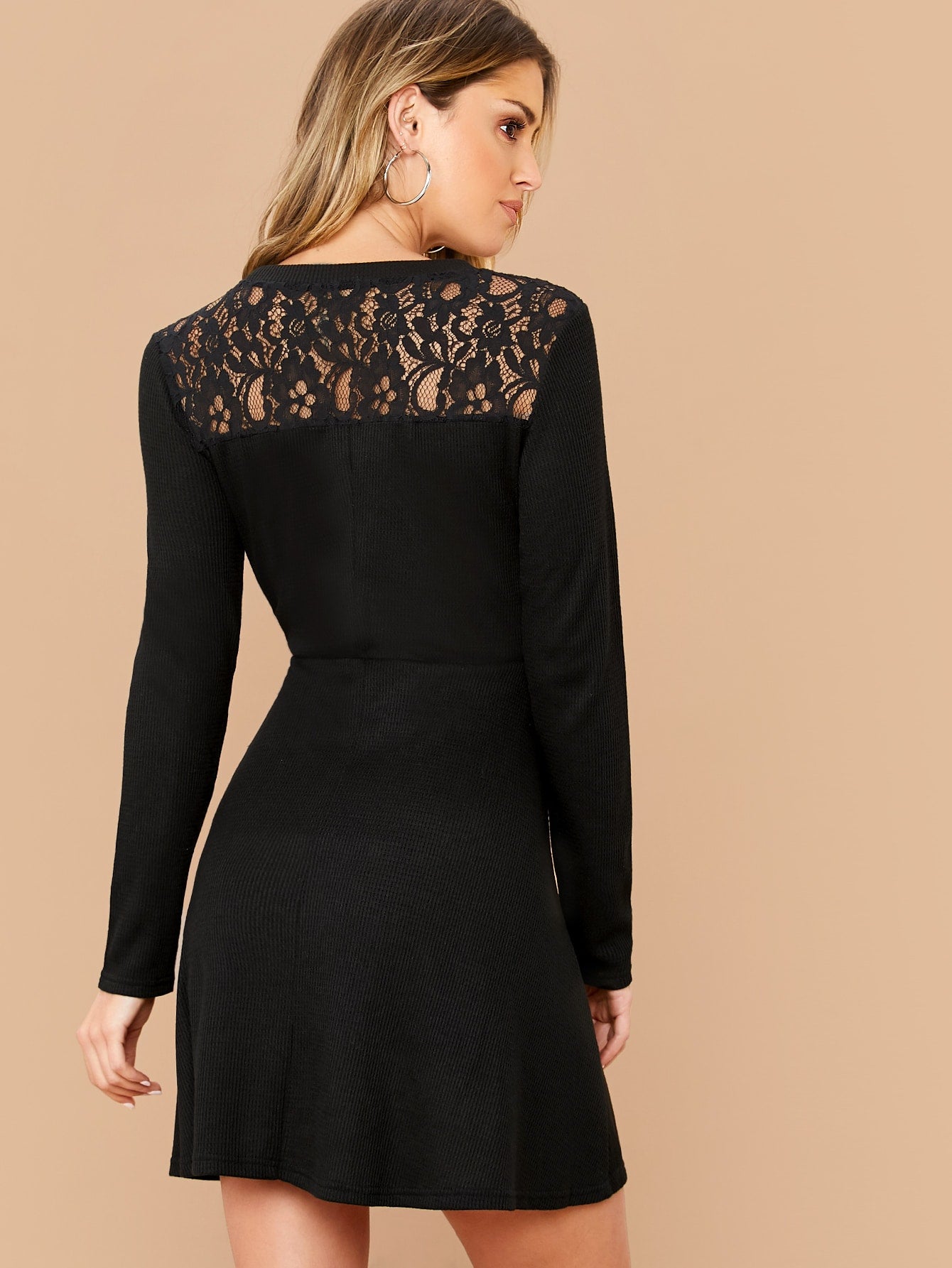 Floral Lace Insert Rib-knit Dress
