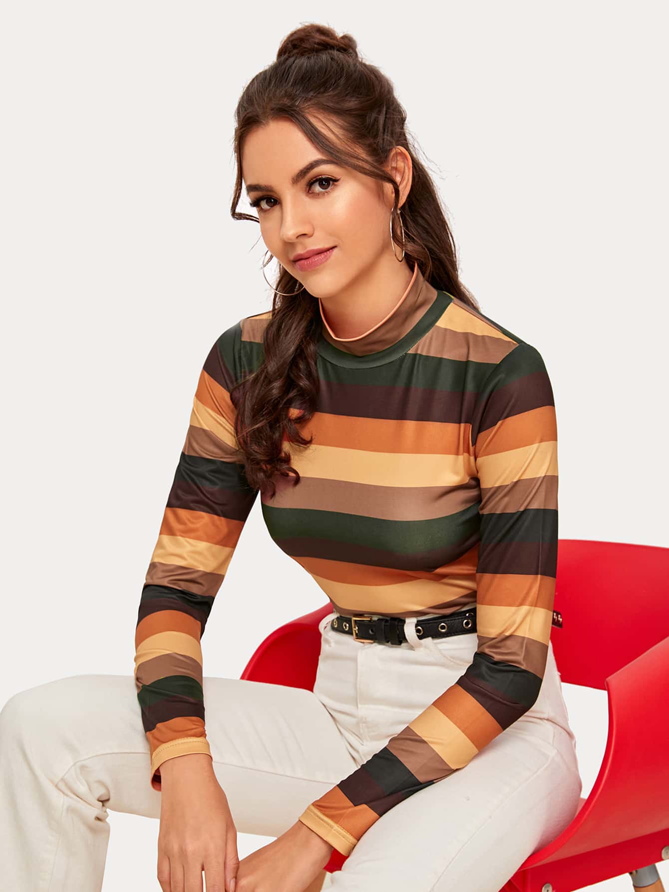 Striped Stand Collar Fitted Tee