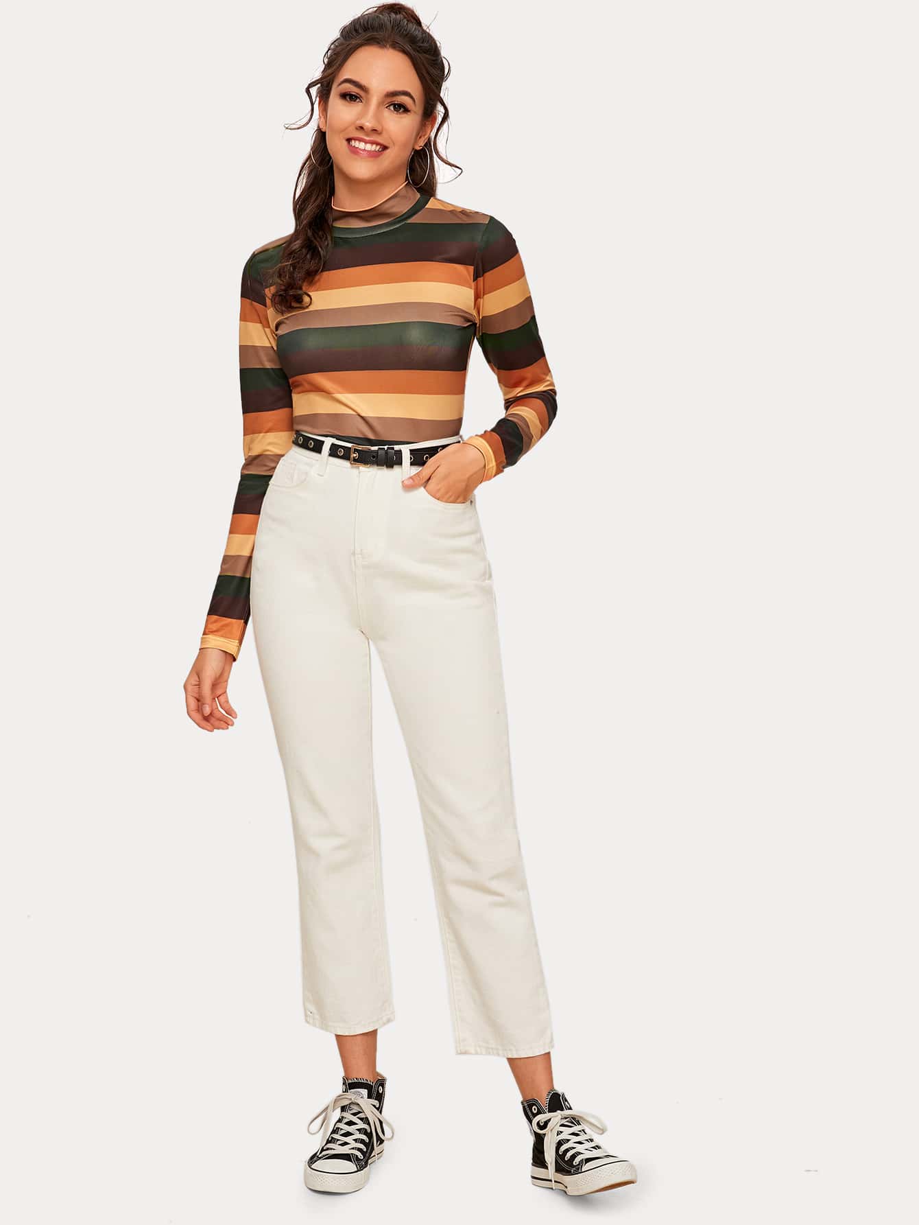 Striped Stand Collar Fitted Tee