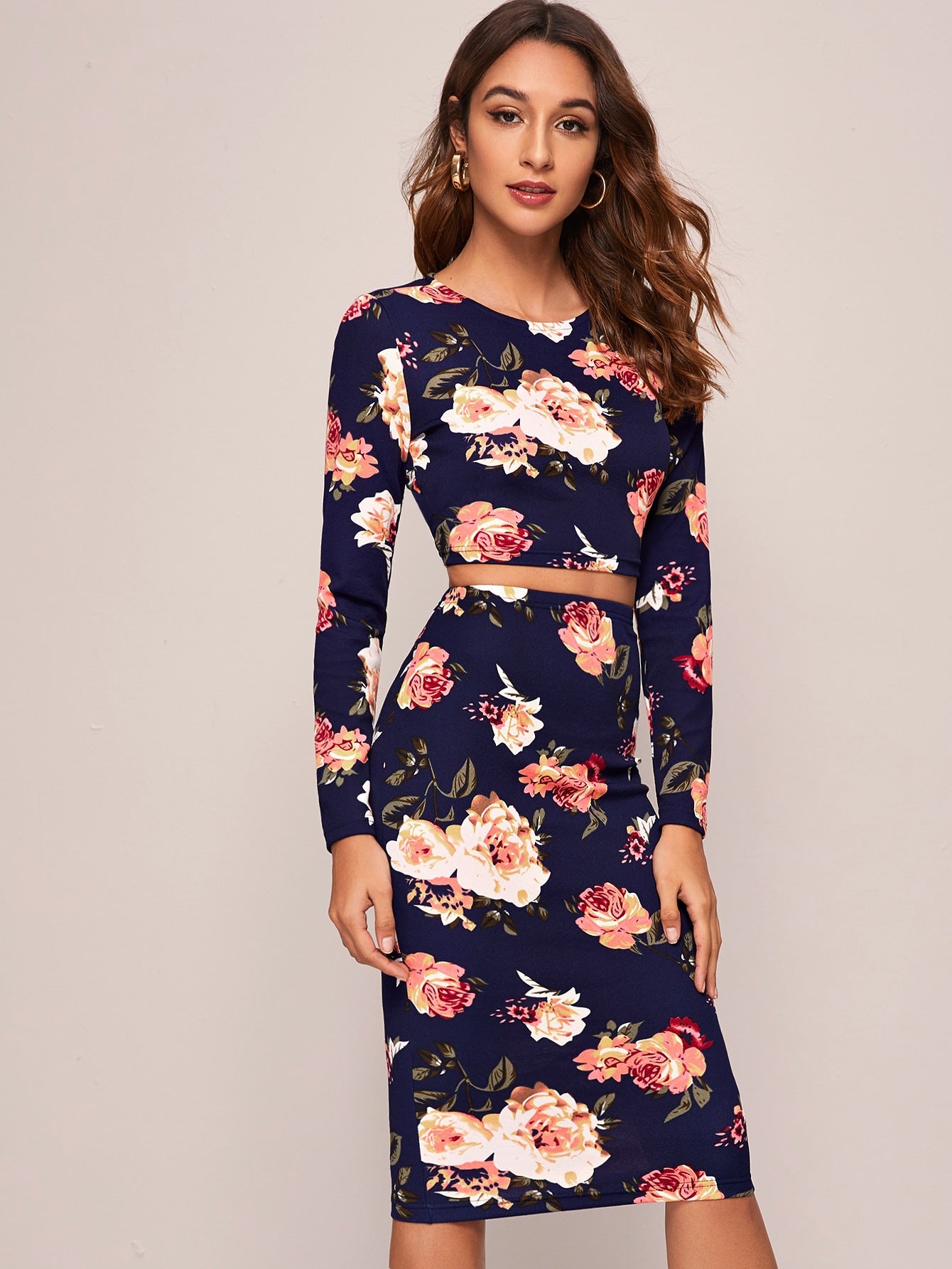 Floral Print Crop Top & Pencil Skirt Set