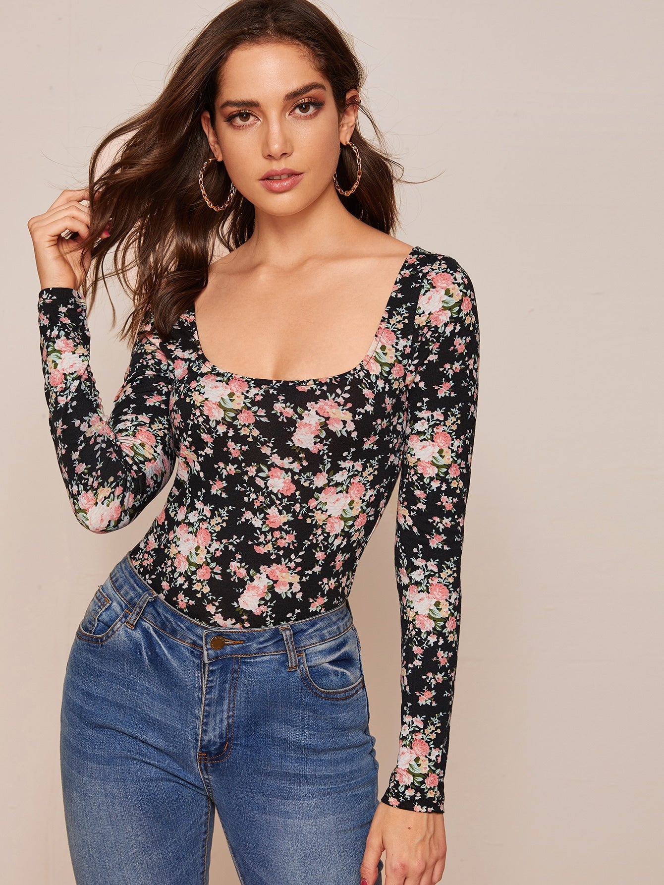 Square Neck Floral Fitted Tee