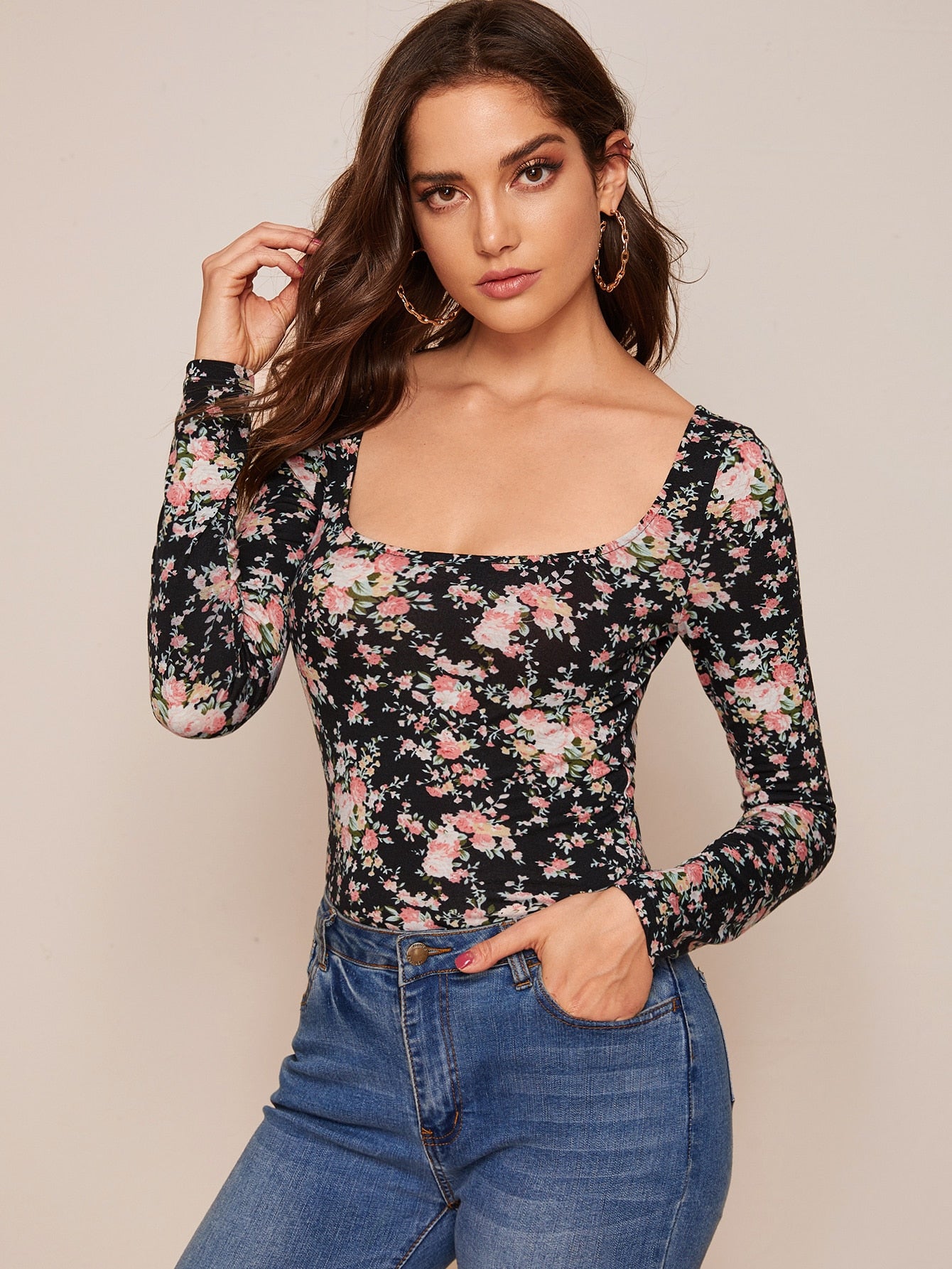 Square Neck Floral Fitted Tee