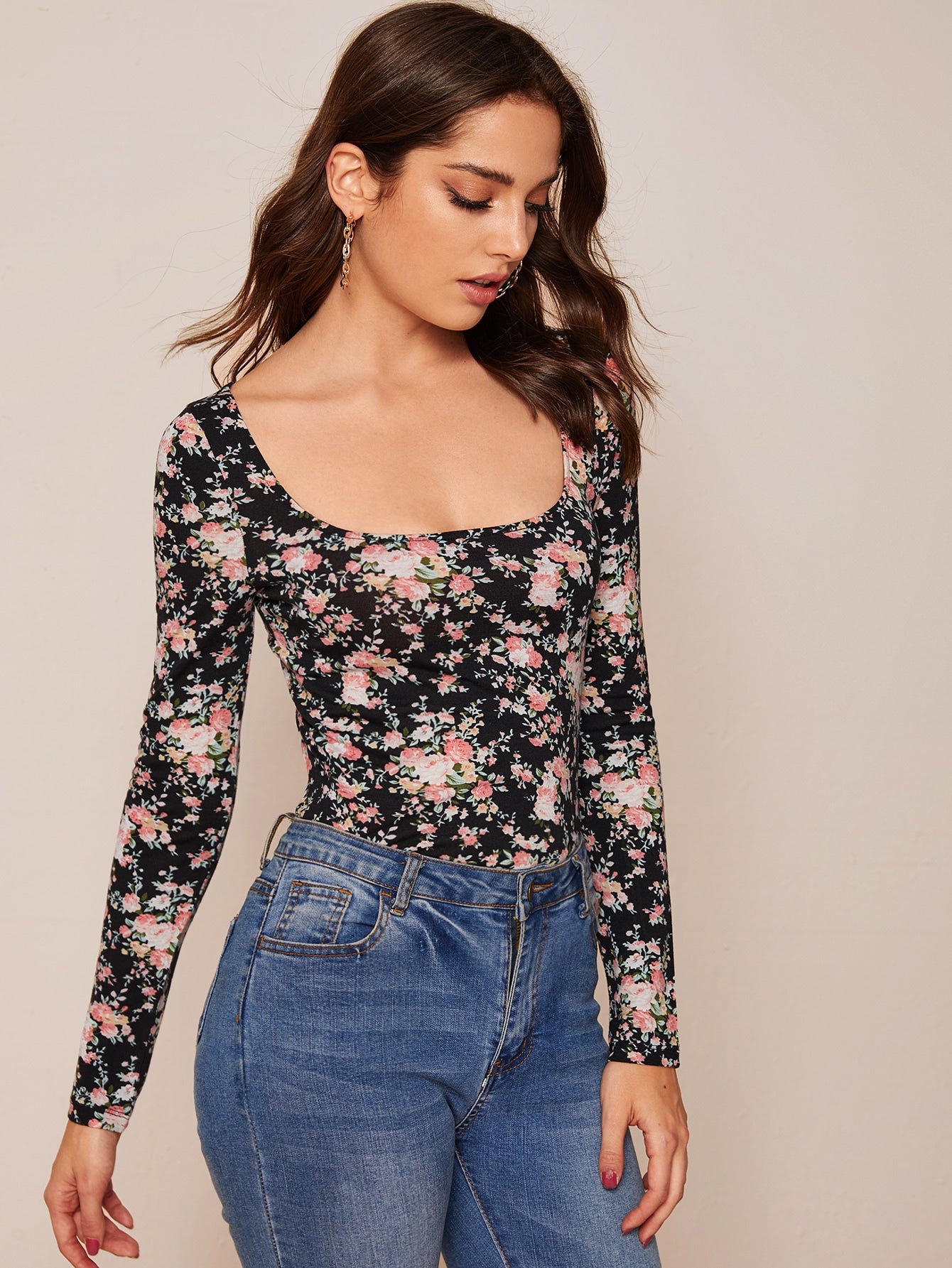 Square Neck Floral Fitted Tee
