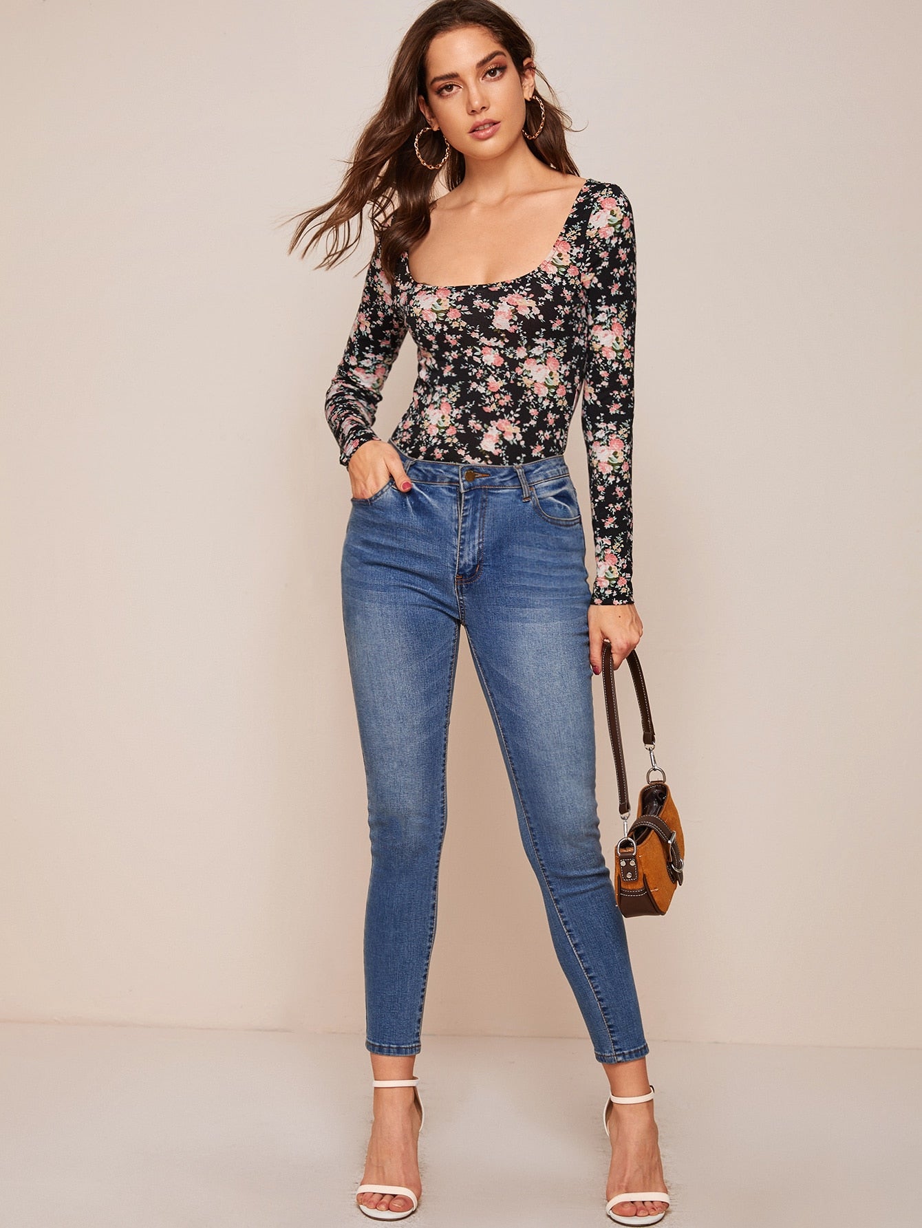 Square Neck Floral Fitted Tee