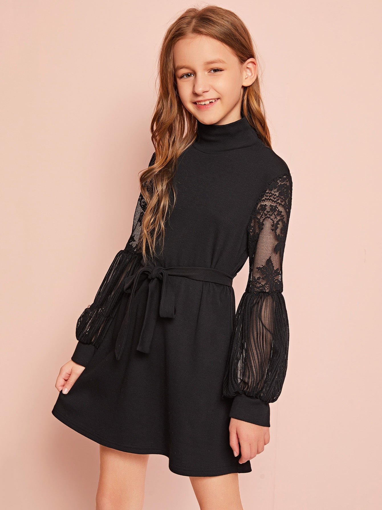 Girls High Neck Sheer Lace Lantern Sleeve Belted Dress
