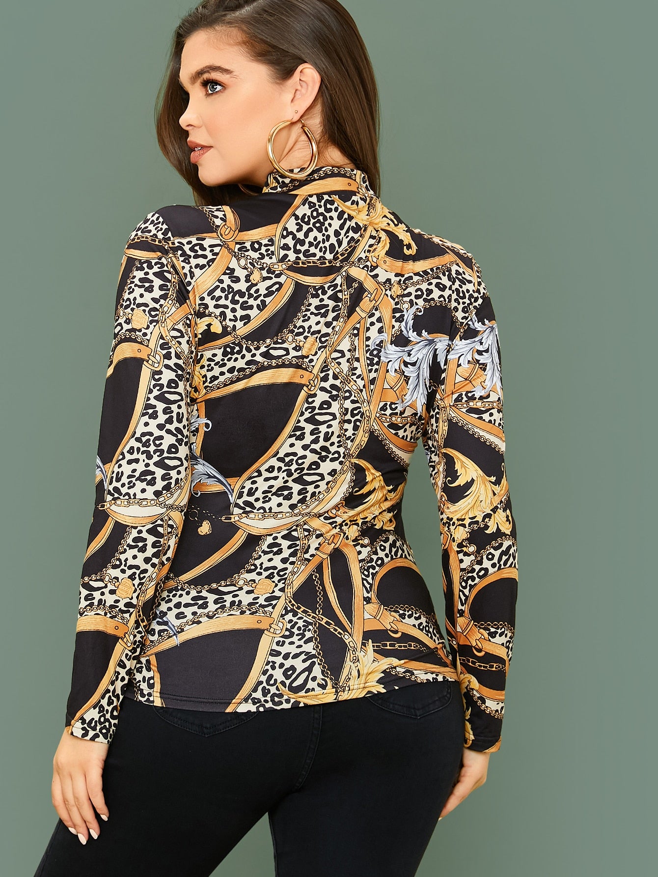 Plus Mock Neck Mixed Print Tee