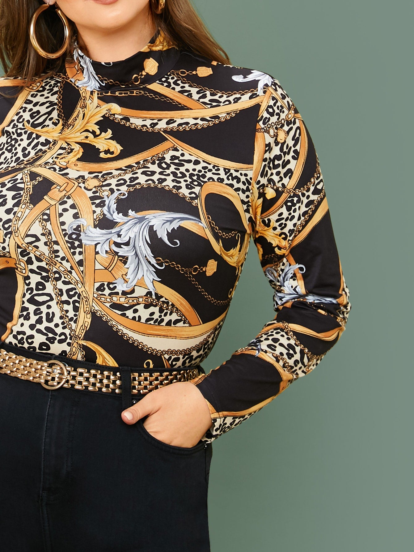 Plus Mock Neck Mixed Print Tee