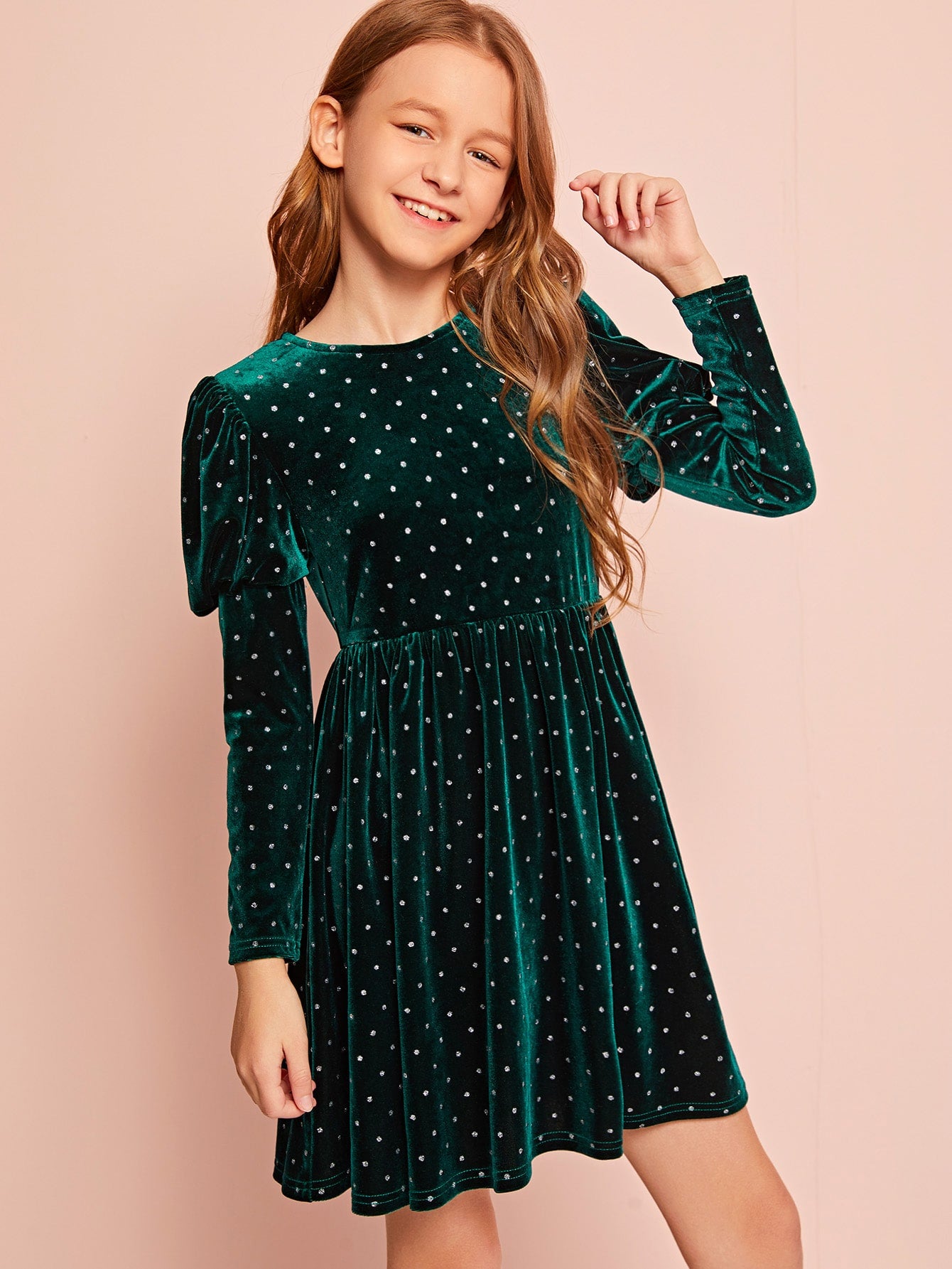Girls Leg-of-mutton Sleeve Glitter Dot Velvet Dress