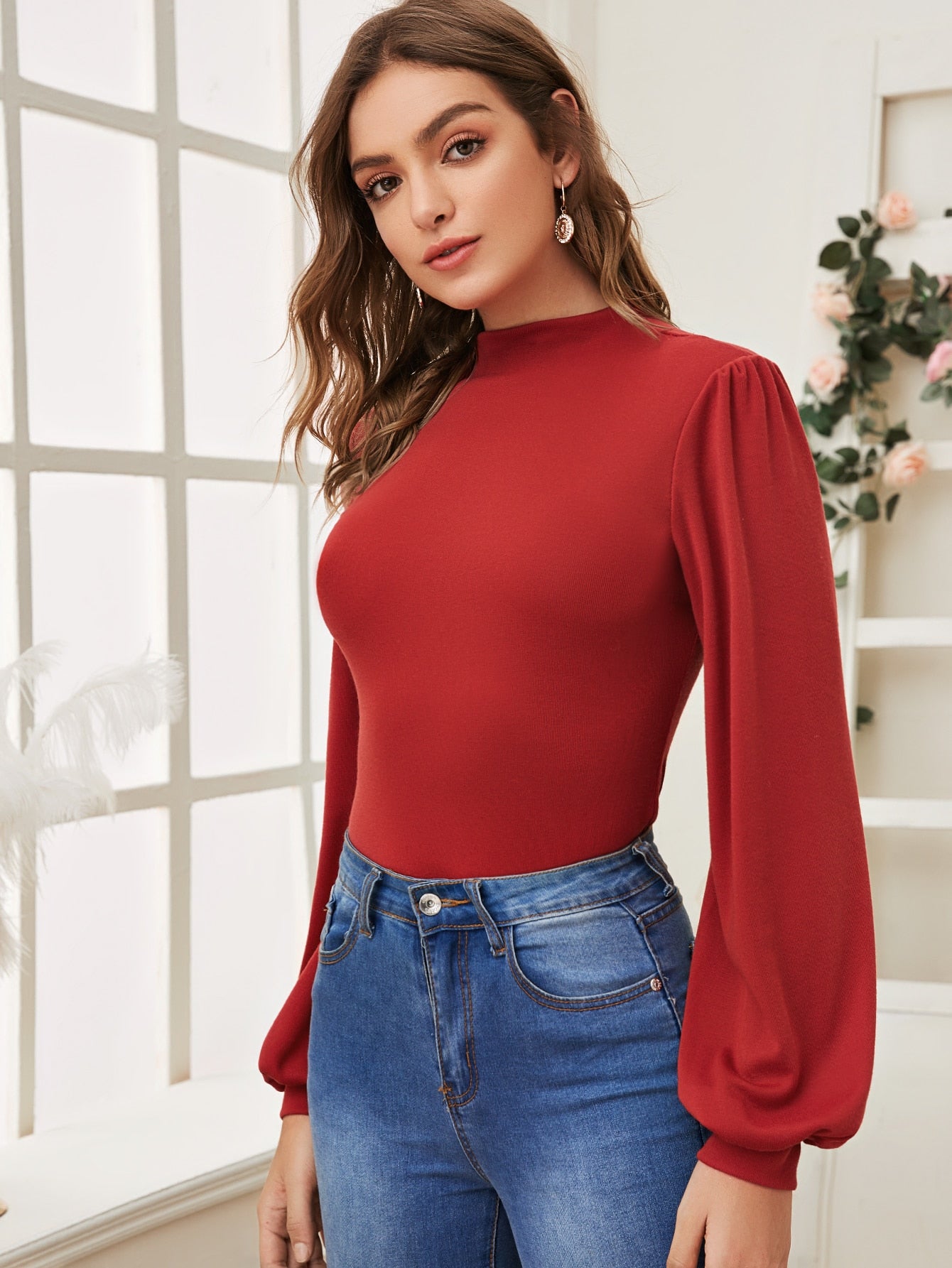 Mock Neck Lantern Sleeve Tee