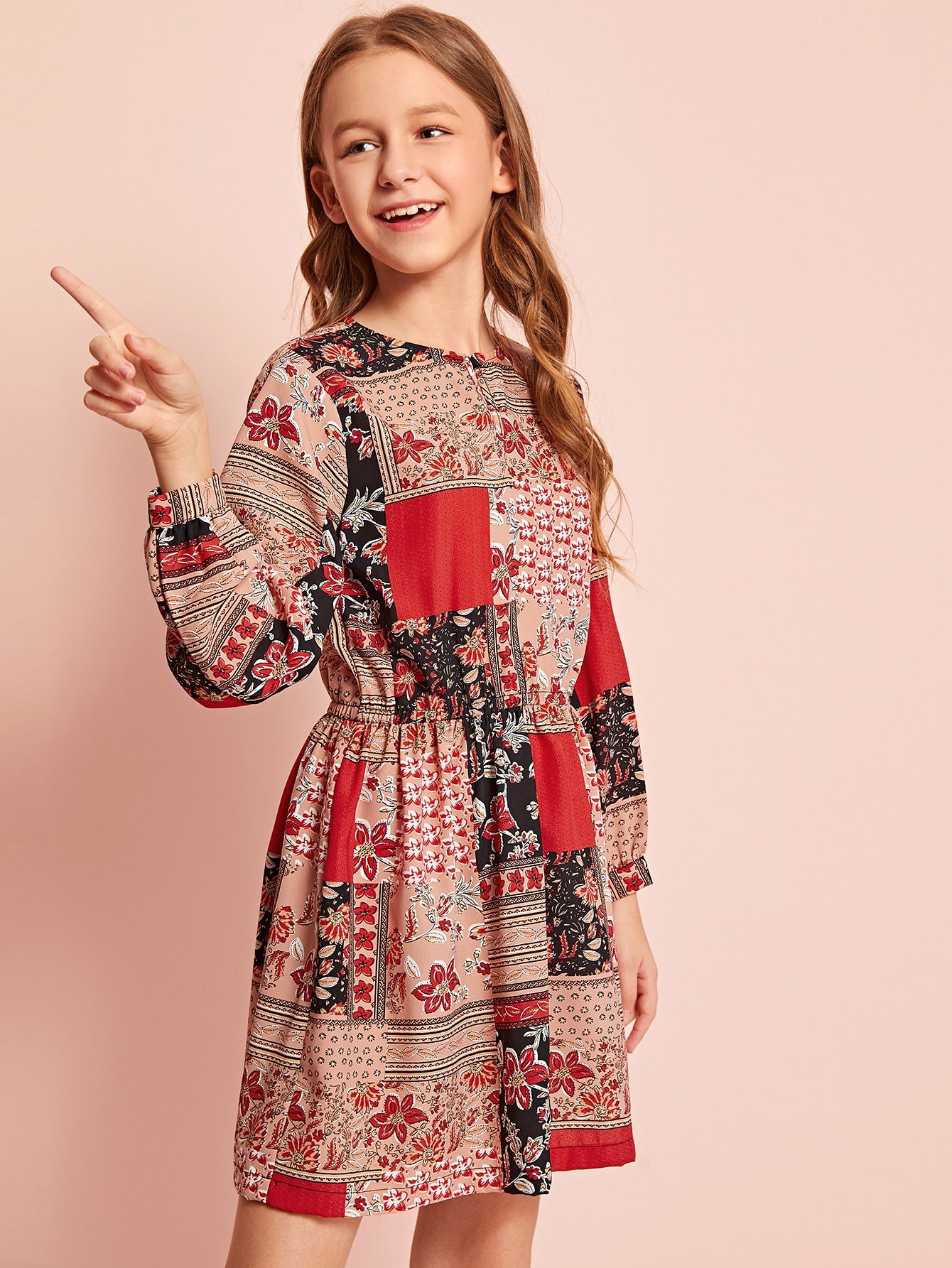Girls Keyhole Neck Floral Patchwork Print Dress