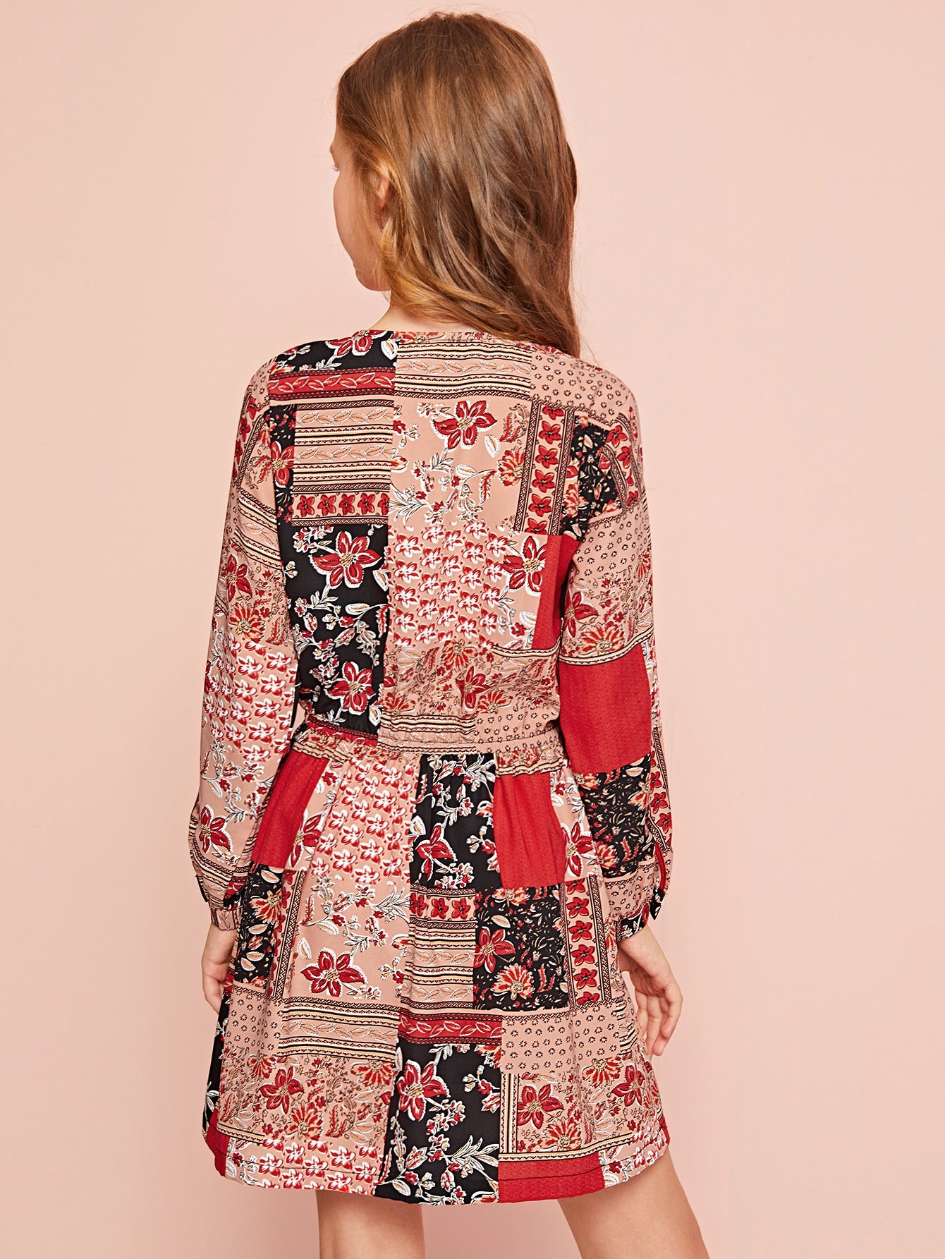 Girls Keyhole Neck Floral Patchwork Print Dress