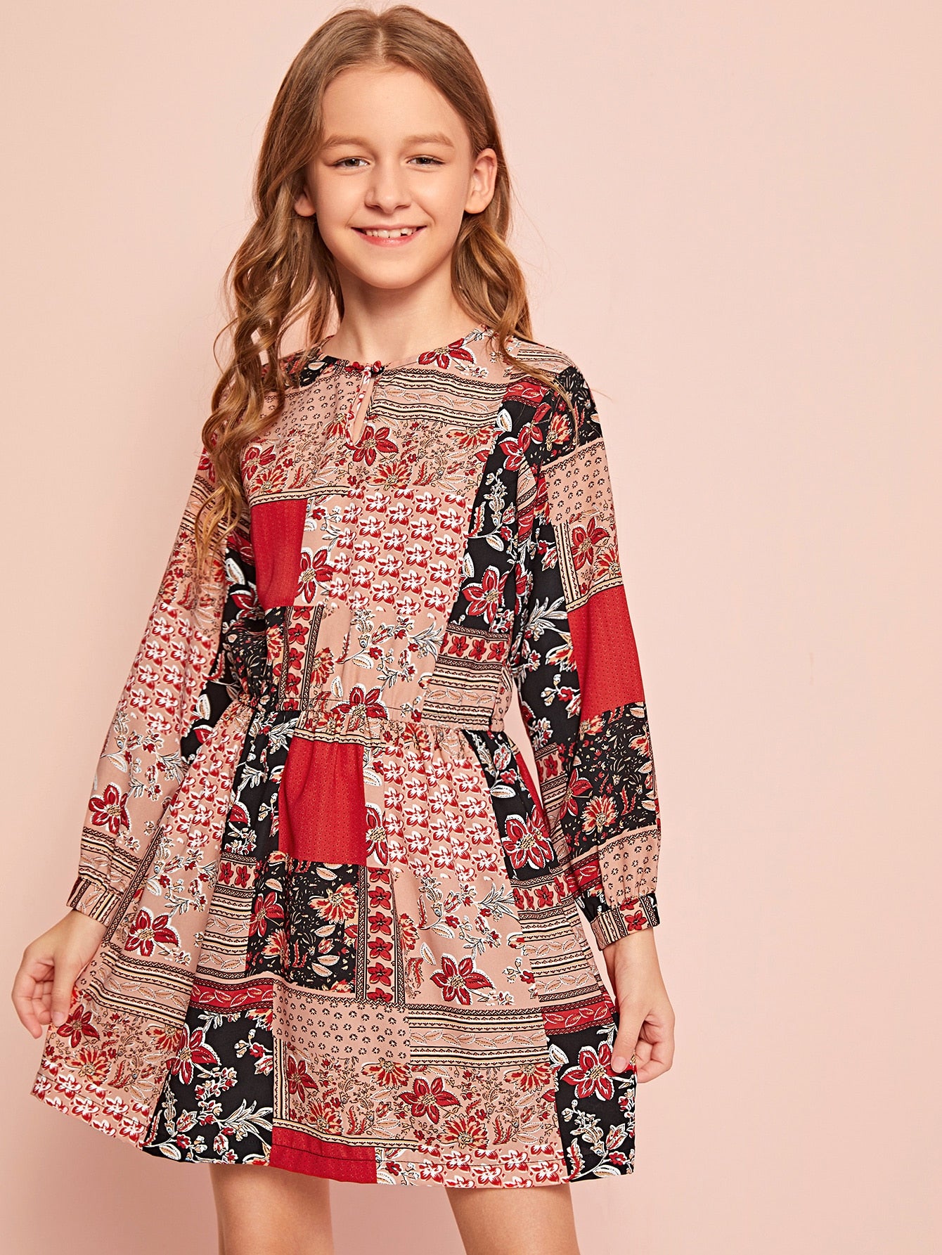 Girls Keyhole Neck Floral Patchwork Print Dress