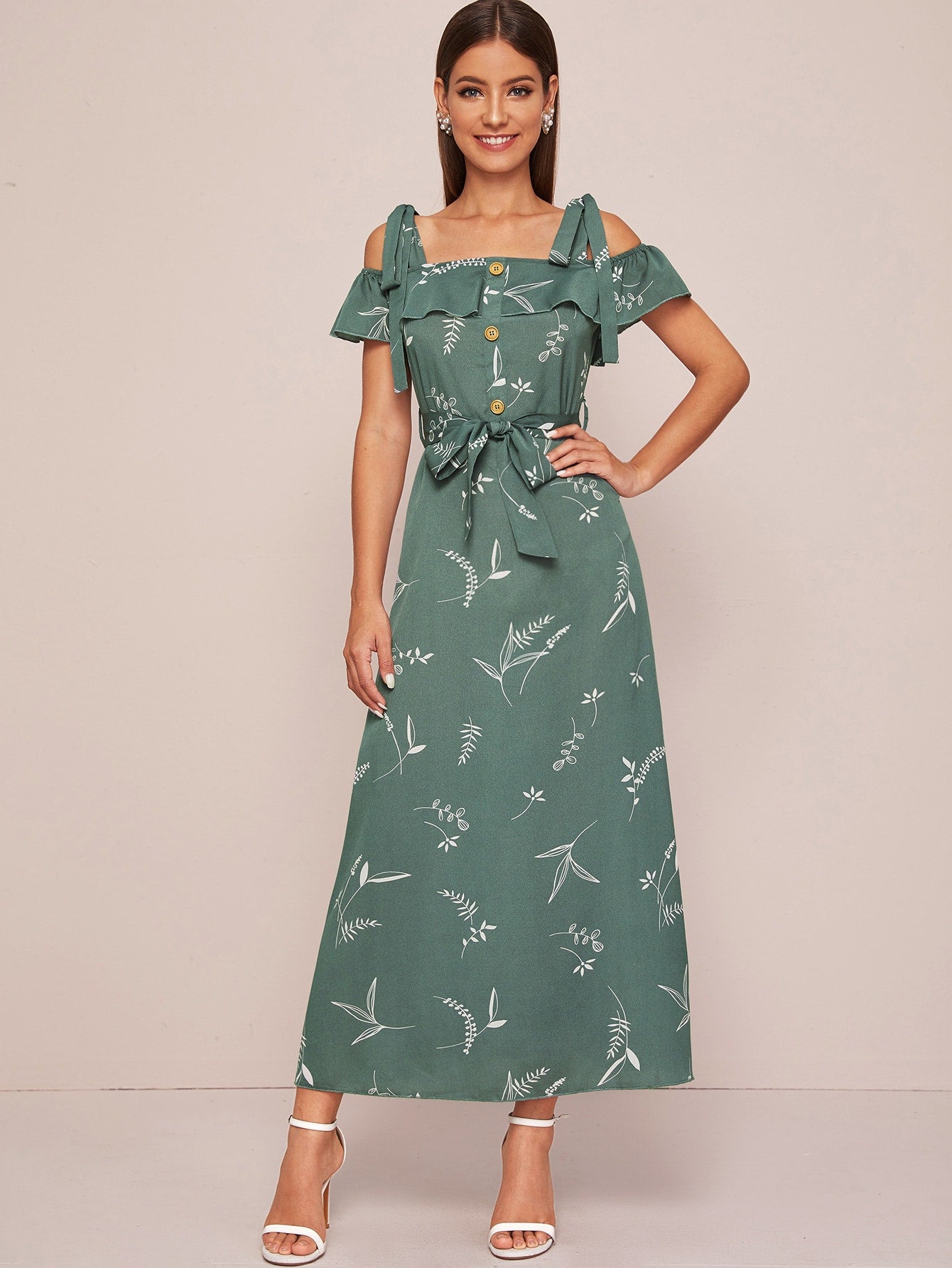 Plants Print Self Tie Cold Shoulder Dress