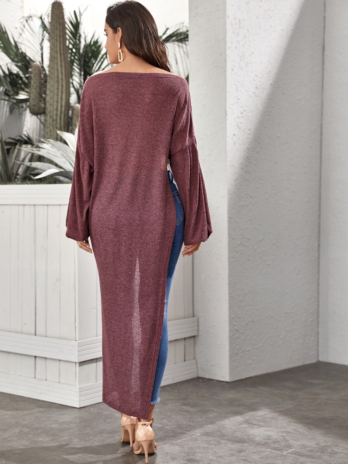 Drop Shoulder Lantern Sleeve Asymmetrical Hem Jumper