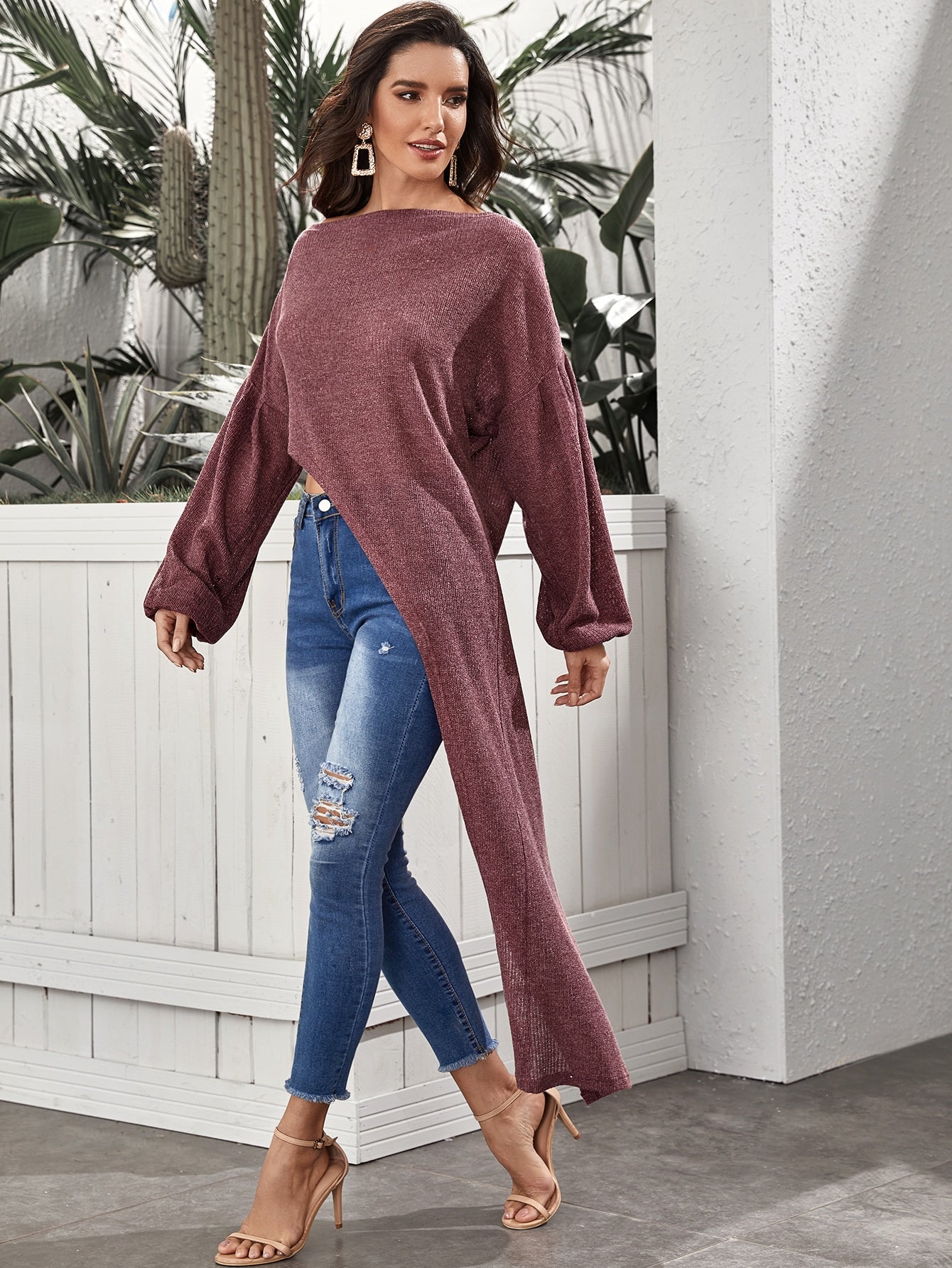 Drop Shoulder Lantern Sleeve Asymmetrical Hem Jumper