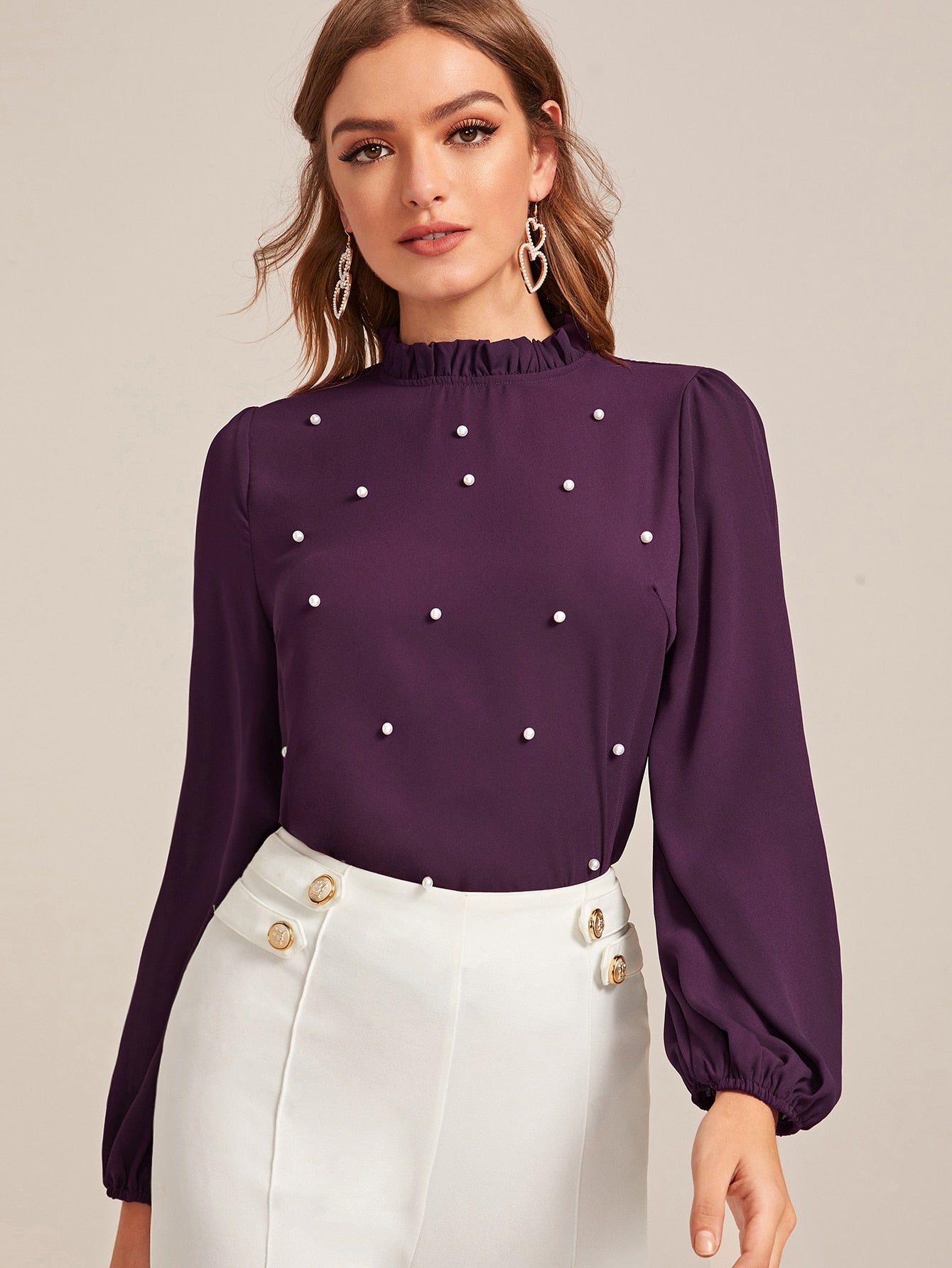 Ruffle Trim Pearls Beaded Top