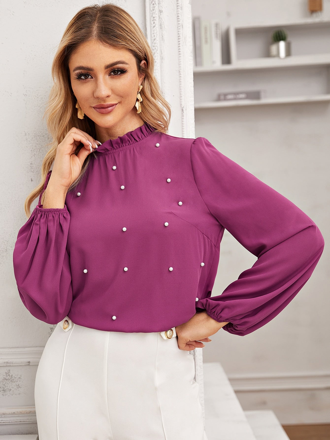 Ruffle Trim Pearls Beaded Top
