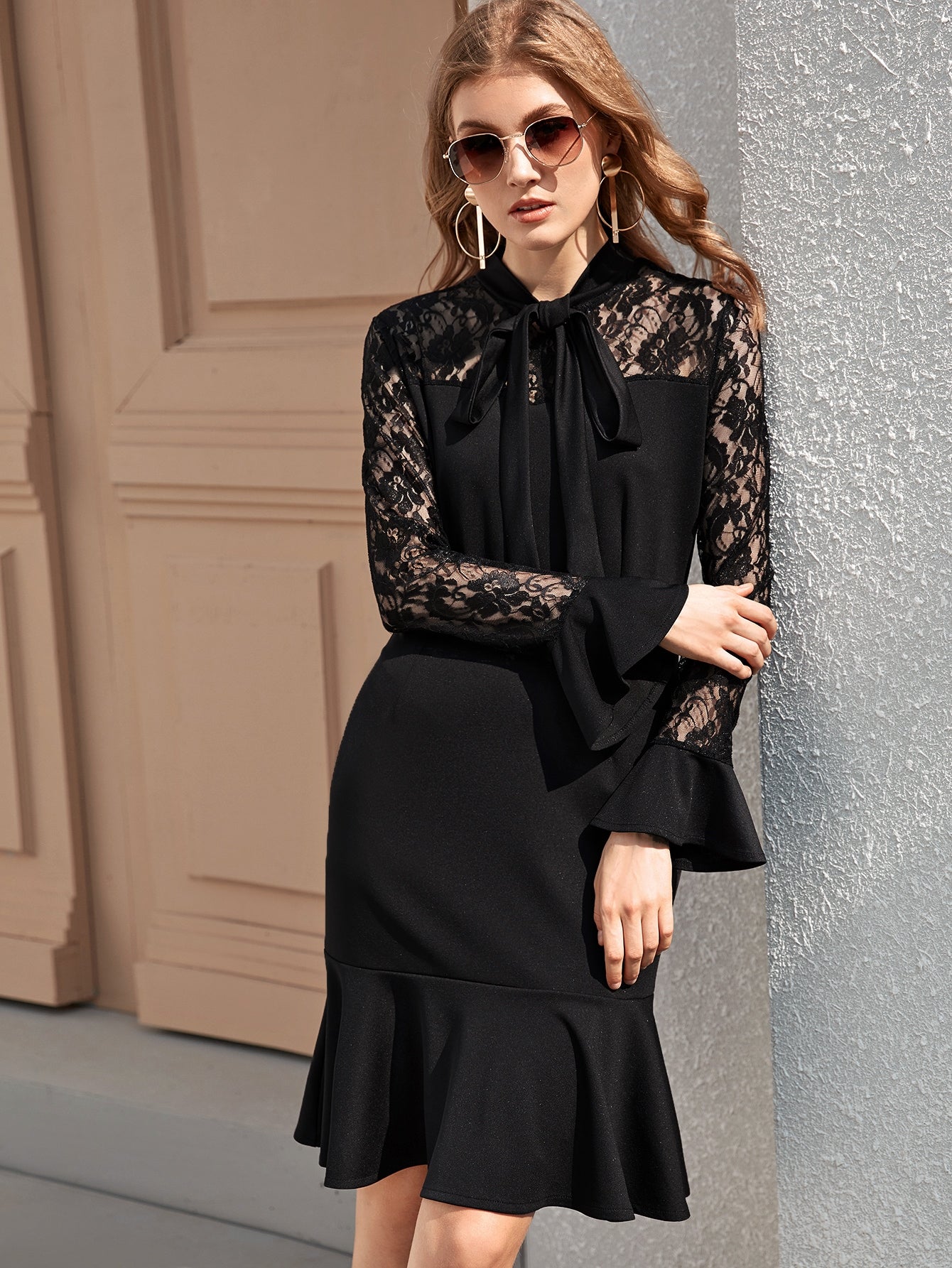 Tie Neck Contrast Lace Fishtail Dress