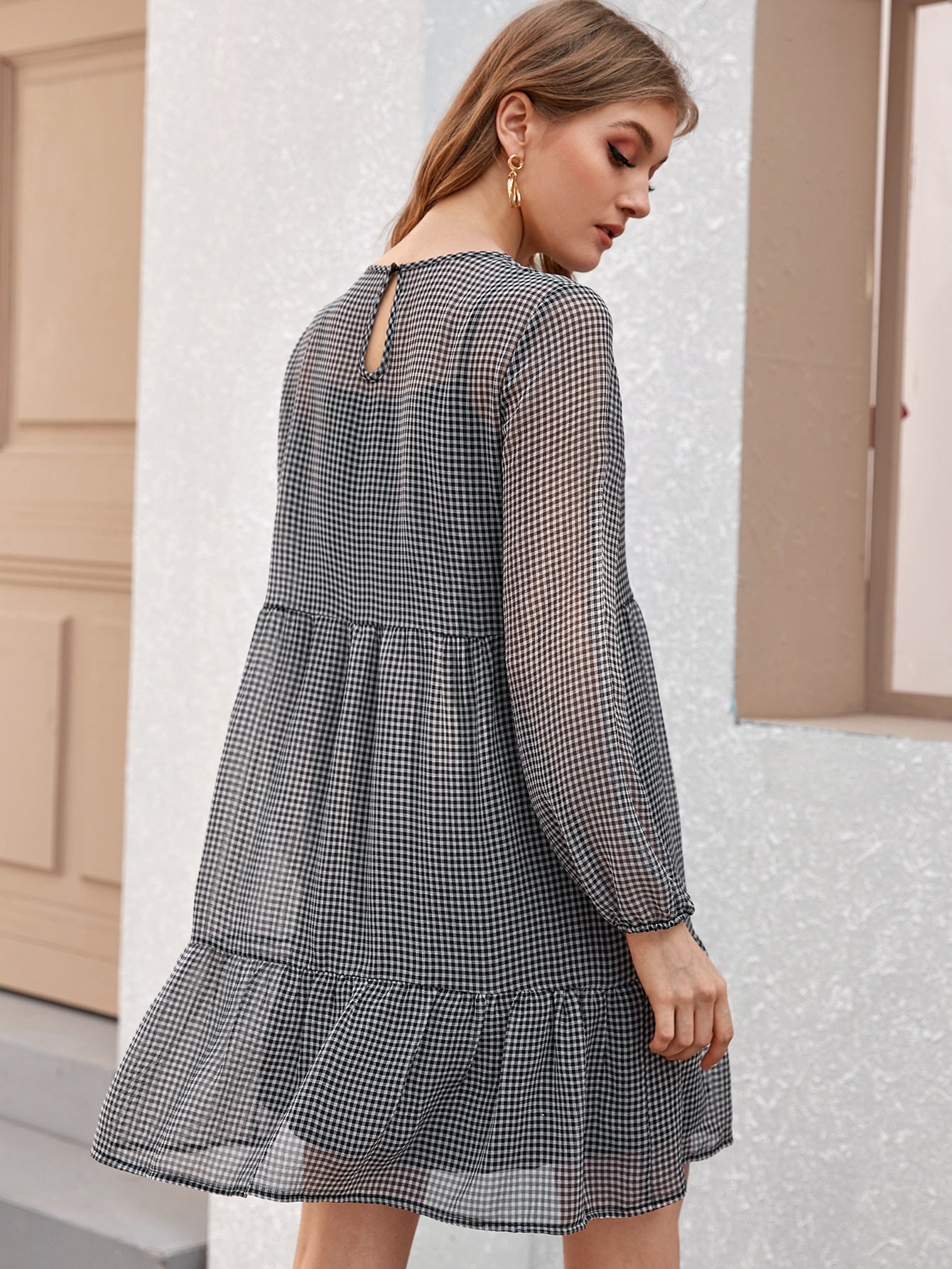 Gingham Print Ruffle Hem Sheer Dress