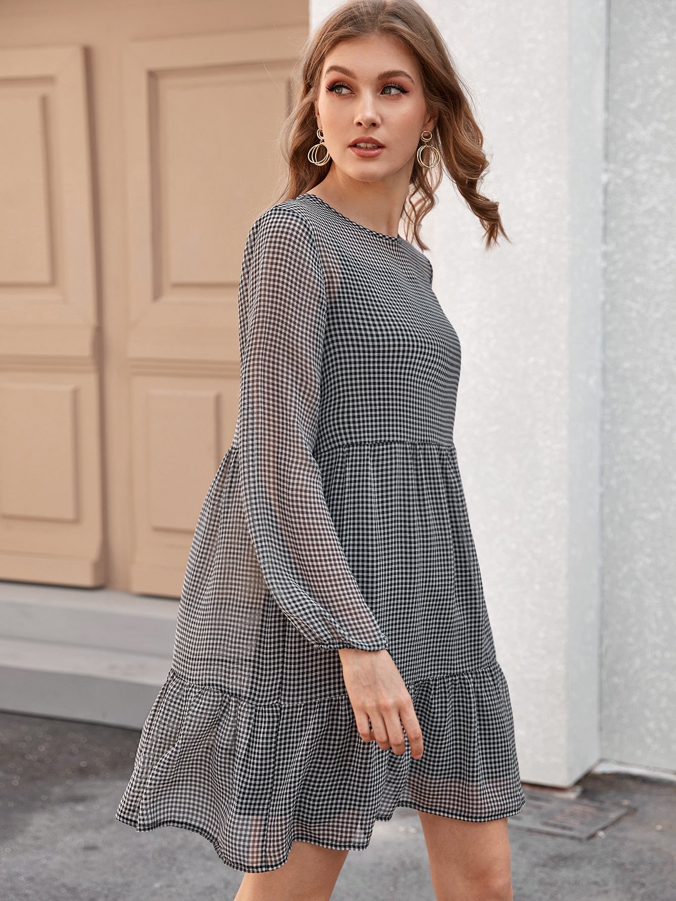 Gingham Print Ruffle Hem Sheer Dress
