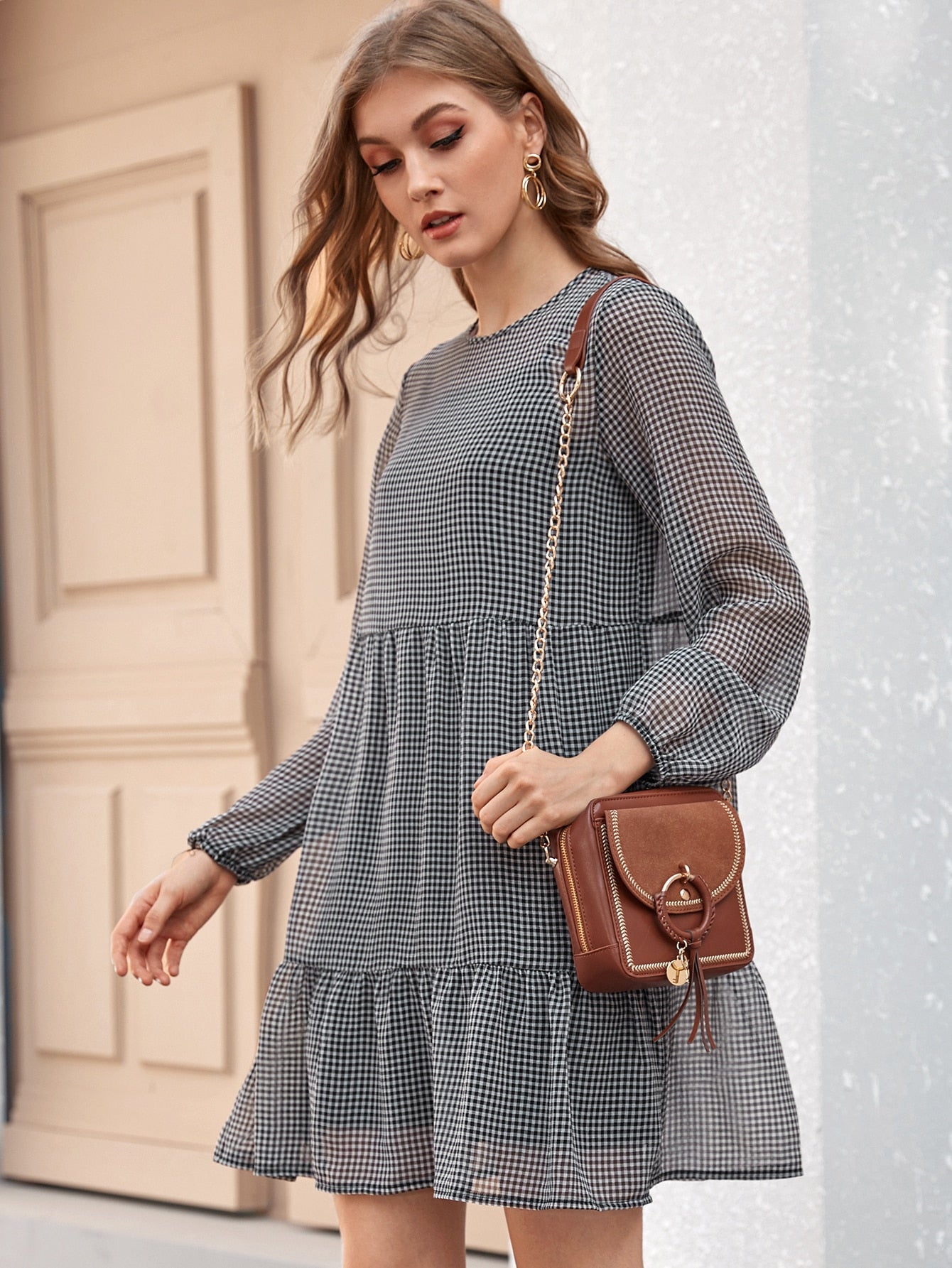 Gingham Print Ruffle Hem Sheer Dress