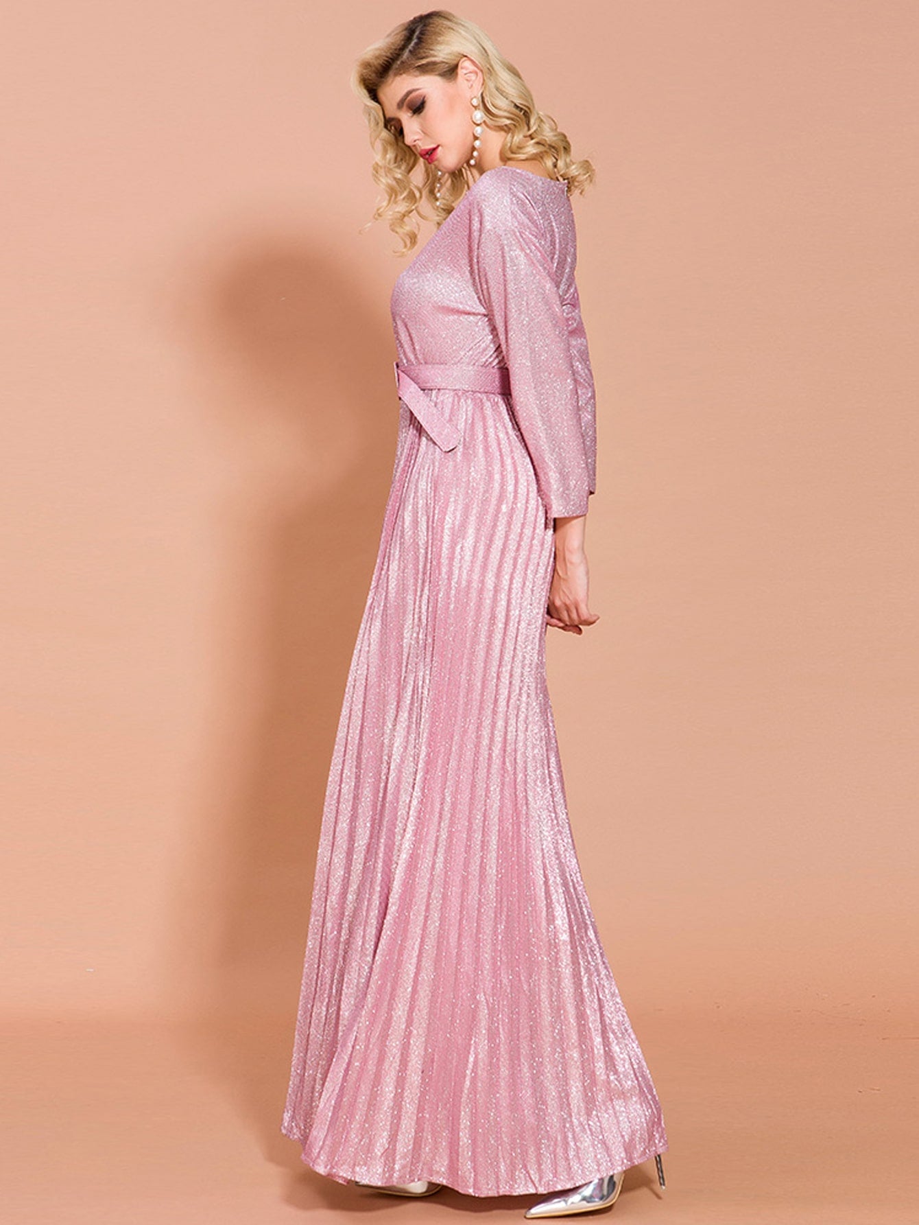 Missord Buckle Belted Pleated Glitter Maxi Prom Dress