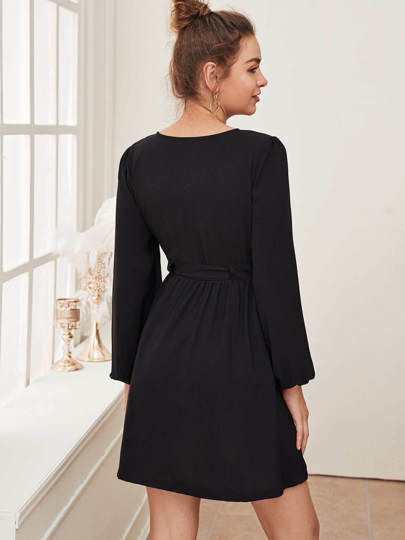 Button Up Flare Hem Bishop Sleeve Dress
