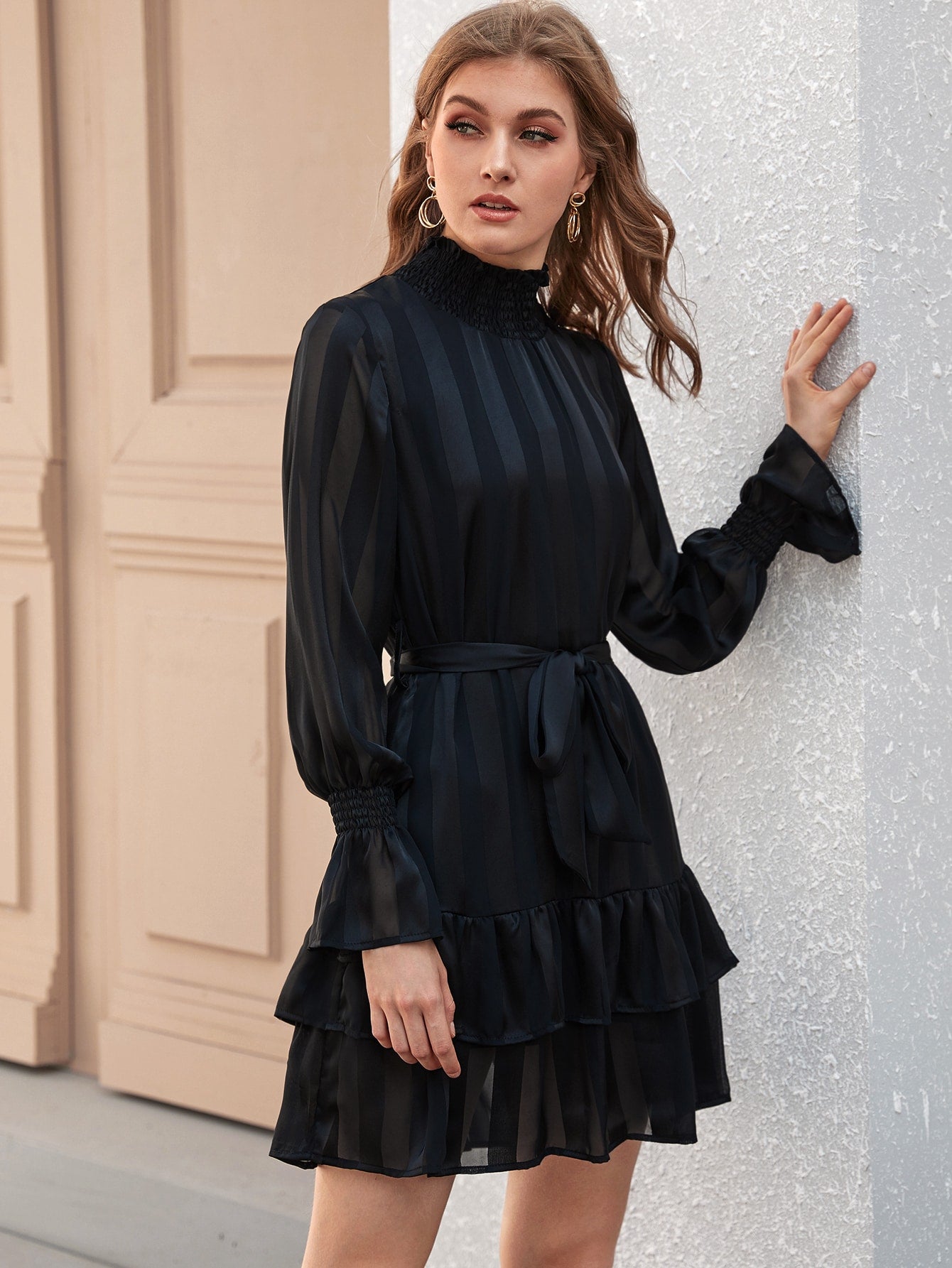 Flounce Sleeve Belted Ruffle Hem Satin Dress