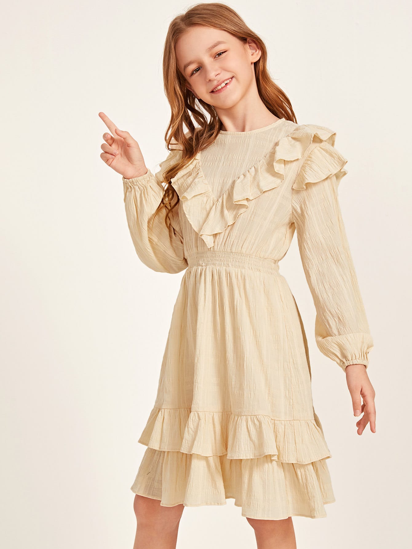 Girls Ruffle Trim Shirred Waist Layered Hem Crinkle Dress