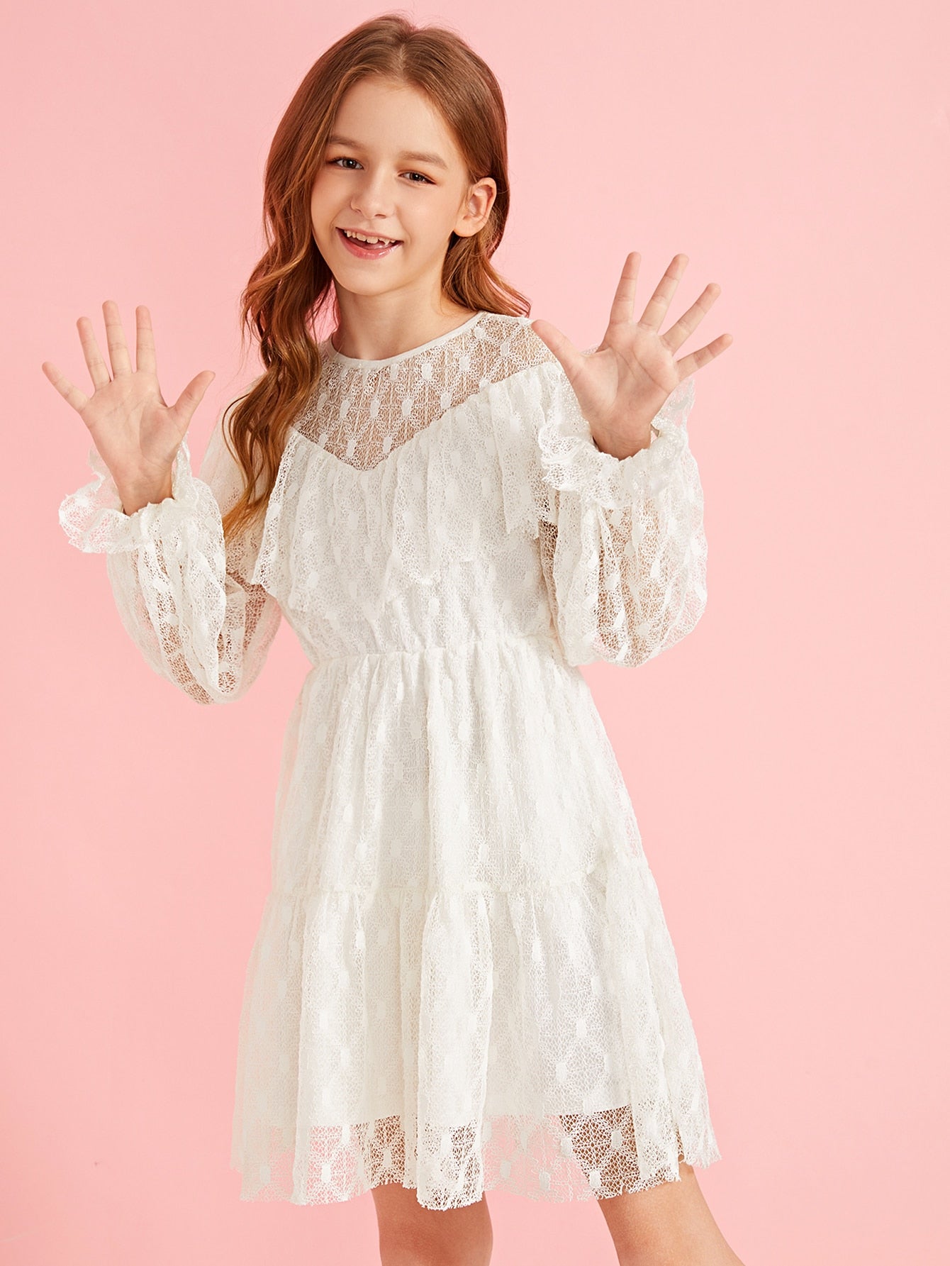Girls Layered Ruffle Lace A-line Dress