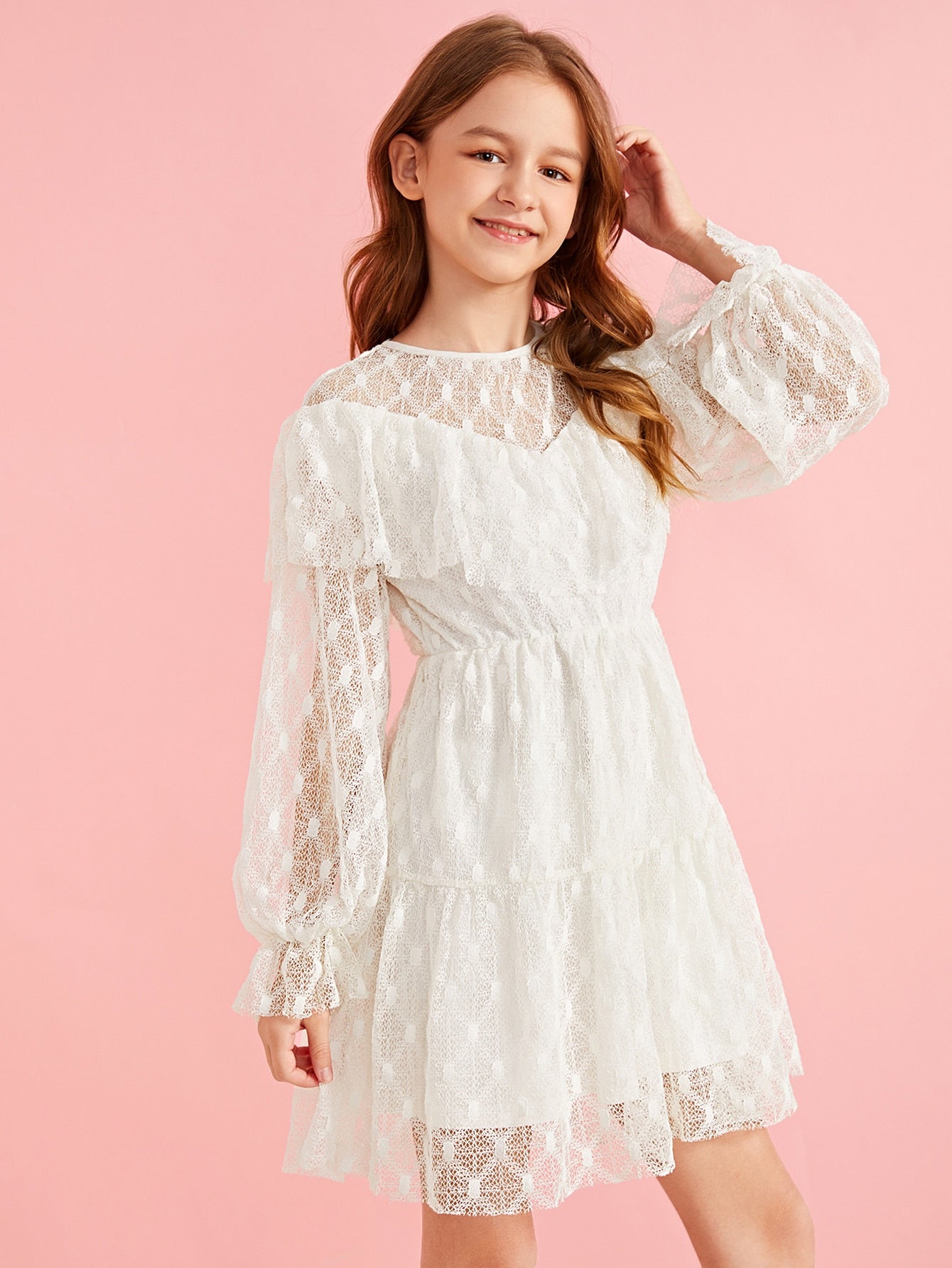 Girls Layered Ruffle Lace A-line Dress