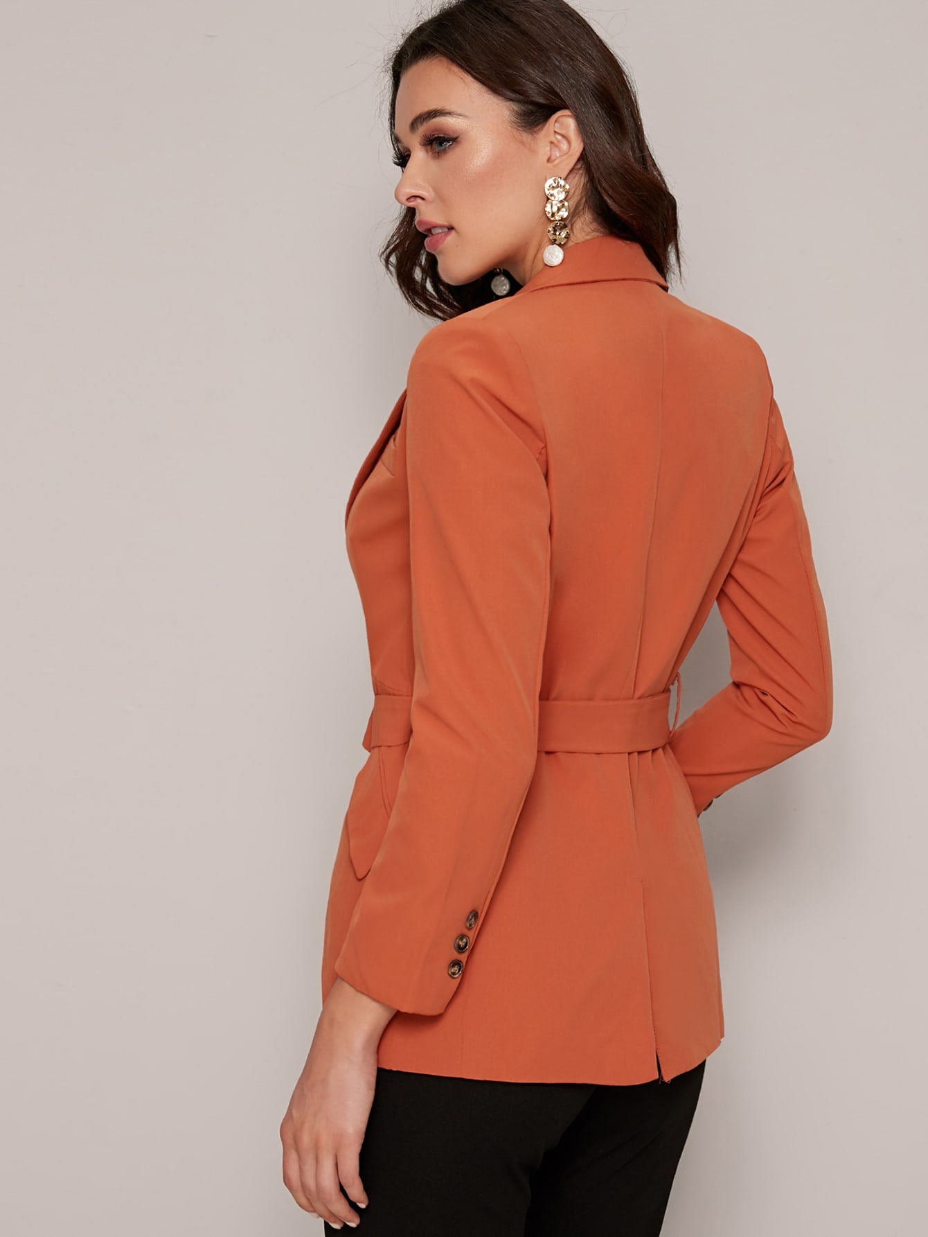 Pocket Front Lapel Neck Belted Blazer