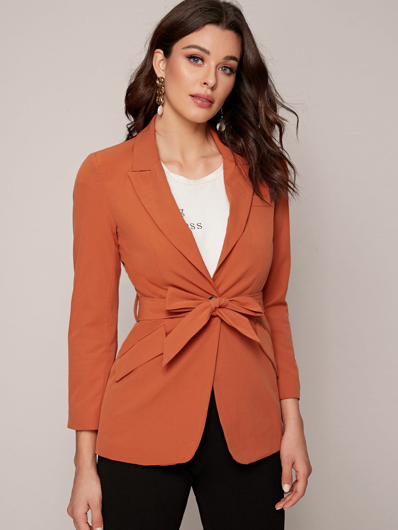 Pocket Front Lapel Neck Belted Blazer