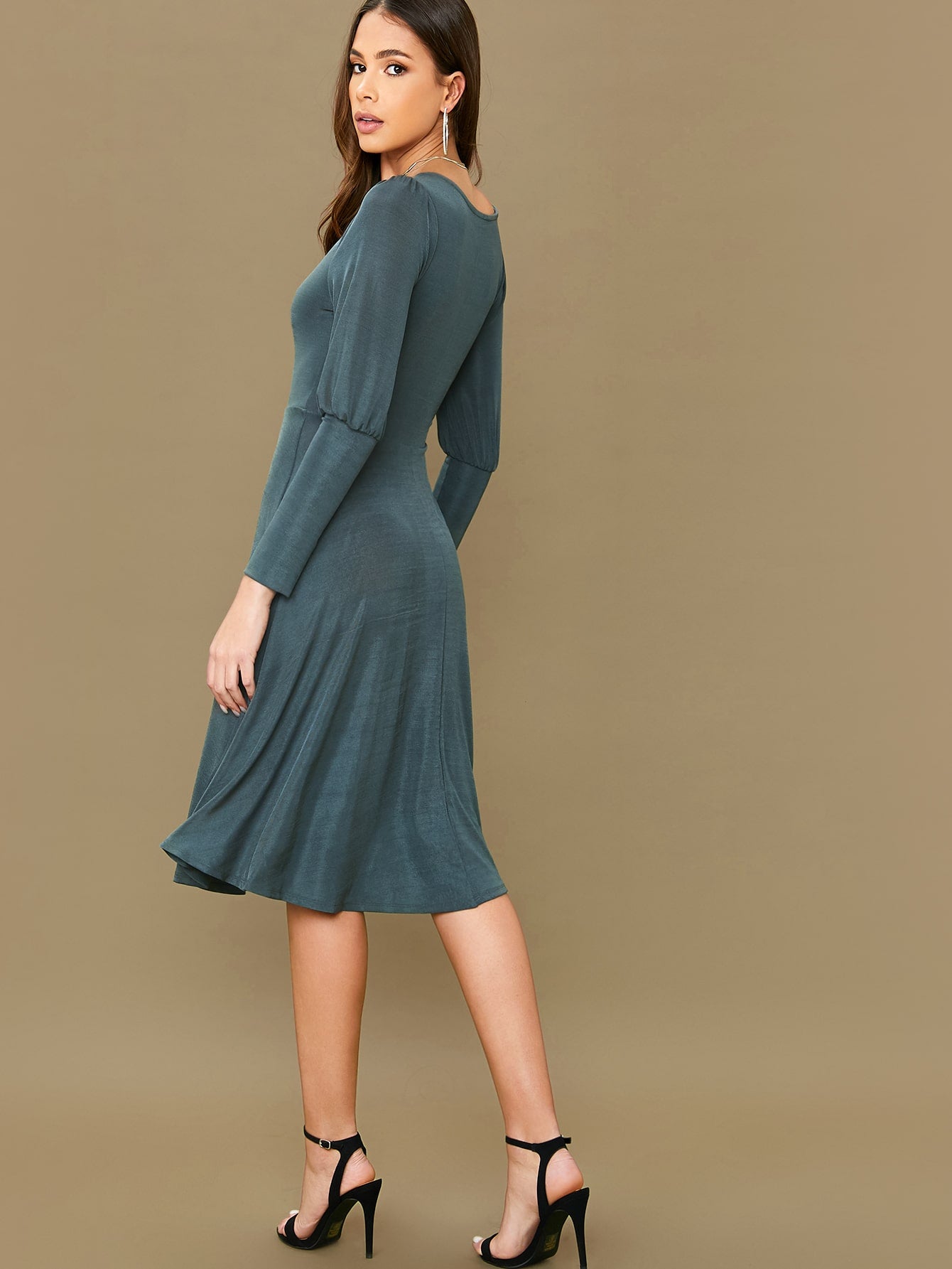 Square Neck Gigot Sleeve Solid Dress
