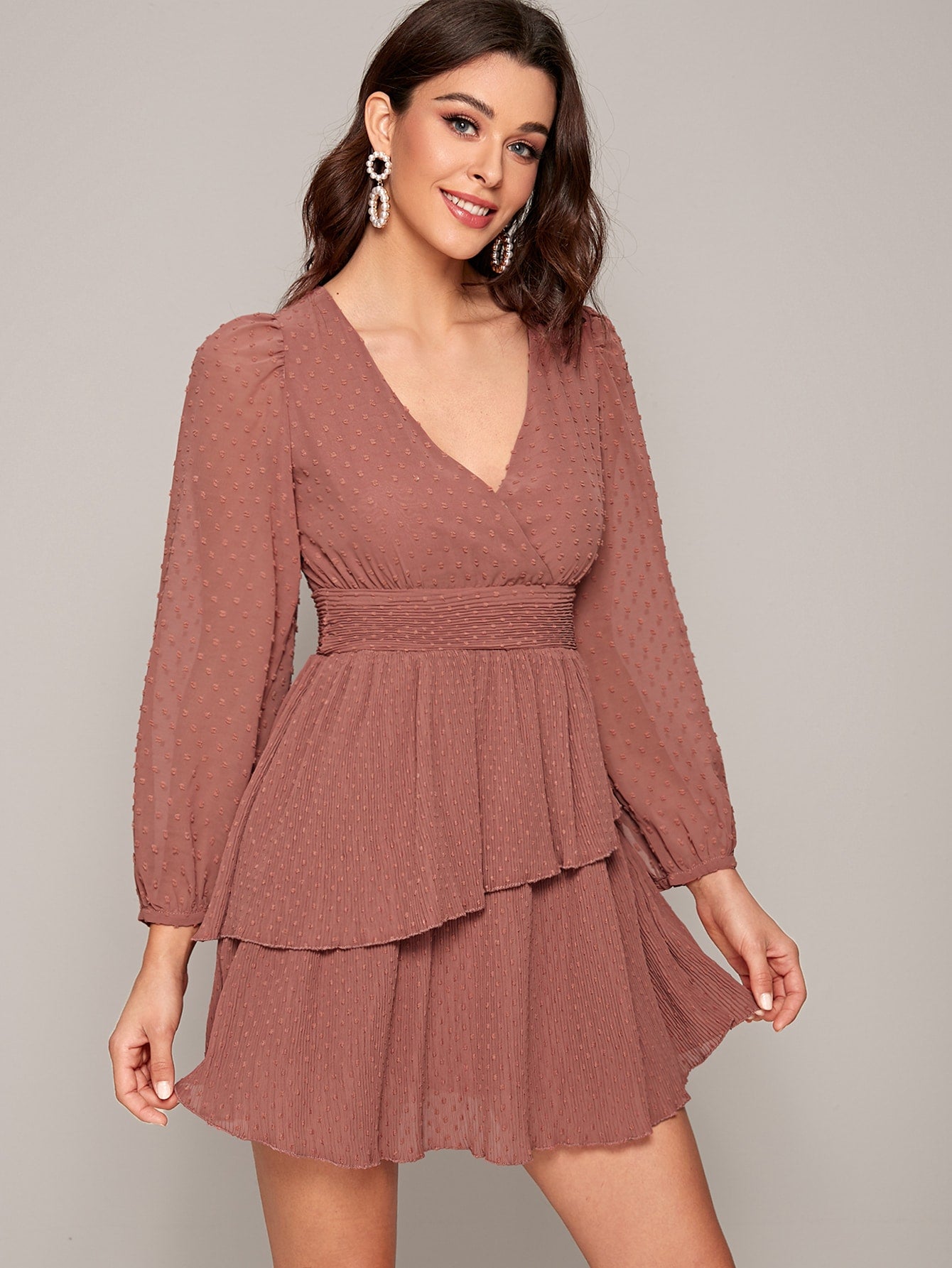 Surplice Front Swiss Dot Layered Hem Dress