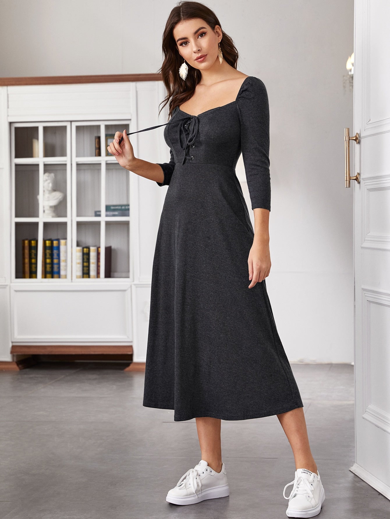 Sweetheart Neck Lace-up Front Fit & Flare Dress